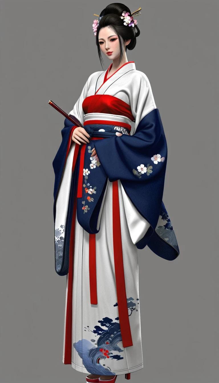 Необходимо создать concept-арт гейши full length, legs, whole height, for MMORPG, centered on a Japanese setting. A geisha should inspire grace, sophistication and mystery, typical of Japanese culture. Picture her in a traditional kimono with details, combining elements of traditional and fantasy design. full length, concept, full length персонаж, digital painting