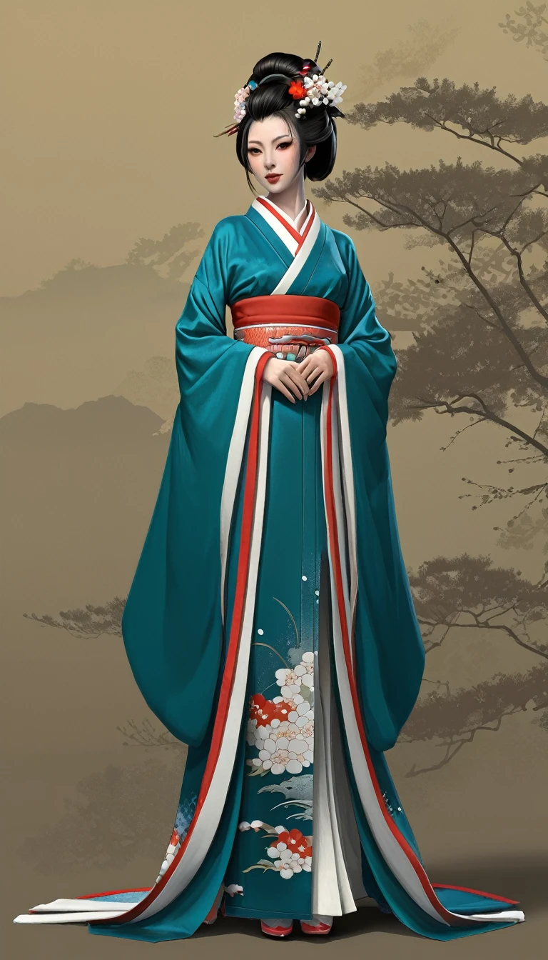Необходимо создать concept-арт гейши full length, legs, whole height, for MMORPG, centered on a Japanese setting. A geisha should inspire grace, sophistication and mystery, typical of Japanese culture. Picture her in a traditional kimono with details, combining elements of traditional and fantasy design. full length, concept, full length персонаж, digital painting