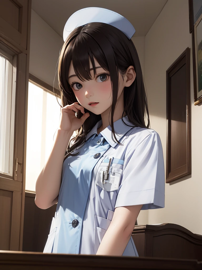 masterpiece, best quality, 1girl, solo, 10years old, flat chest, shoulder length hair, blue nurse uniform, examining room, portrait.