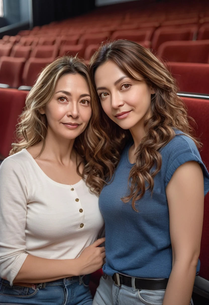 mom 40 years old and daughter 19 years Casual clothes, innocent face, natural wavy hair, hazel eyes, Beauty 1 people, 1 people beauties, Casual clothes, A hyper-realistic, Looking to the side expression auditorium hall hiquality, Friends group, Nikon, Canon, Fujifilm, HD, 4K, 8k
