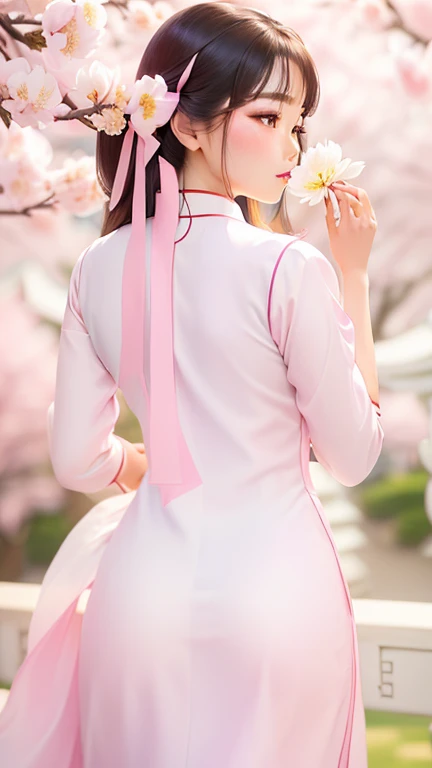 arafed asian woman in a pink dress holding a flower, ao dai, white hanfu, palace ， a girl in hanfu, flowing sakura silk, with flowers, beautiful asian girl, mai anh tran, beautiful south korean woman, beautiful image, asian girl, japanese model, cute elegant pose, back pose, backview, traditional beauty, cheongsam