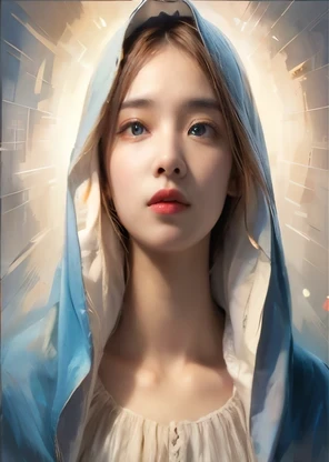 ( masterpiece, best quailty:1.2) , 8k , heavenly light , (atmospheric depth:1.2) , (vivid illumination:1.2) , (enchanting elegance:1.2) , 1girl , (Blue eyes:1.2), medieval hood, looking at viewer, 