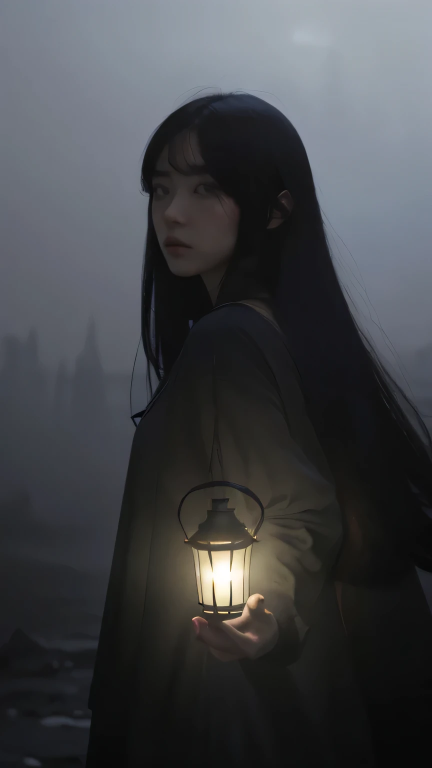 Character carrying a lantern through mist, atmospheric, mysterious, cinematic, monochrome, detailed background, dramatic lighting, fantasy, concept art by John Howe and Feng Zhu, haunting mood, captivating composition, 4k resolution, ethereal glow effects