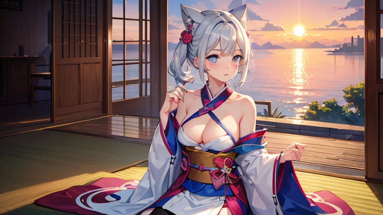 1girl in, Silver Shorthair, sky-blue eyes, kimono skirt, shrines, Cute, blush, medium breasts⁩, Sunset, Best Quality++, Highest Quality++
information
