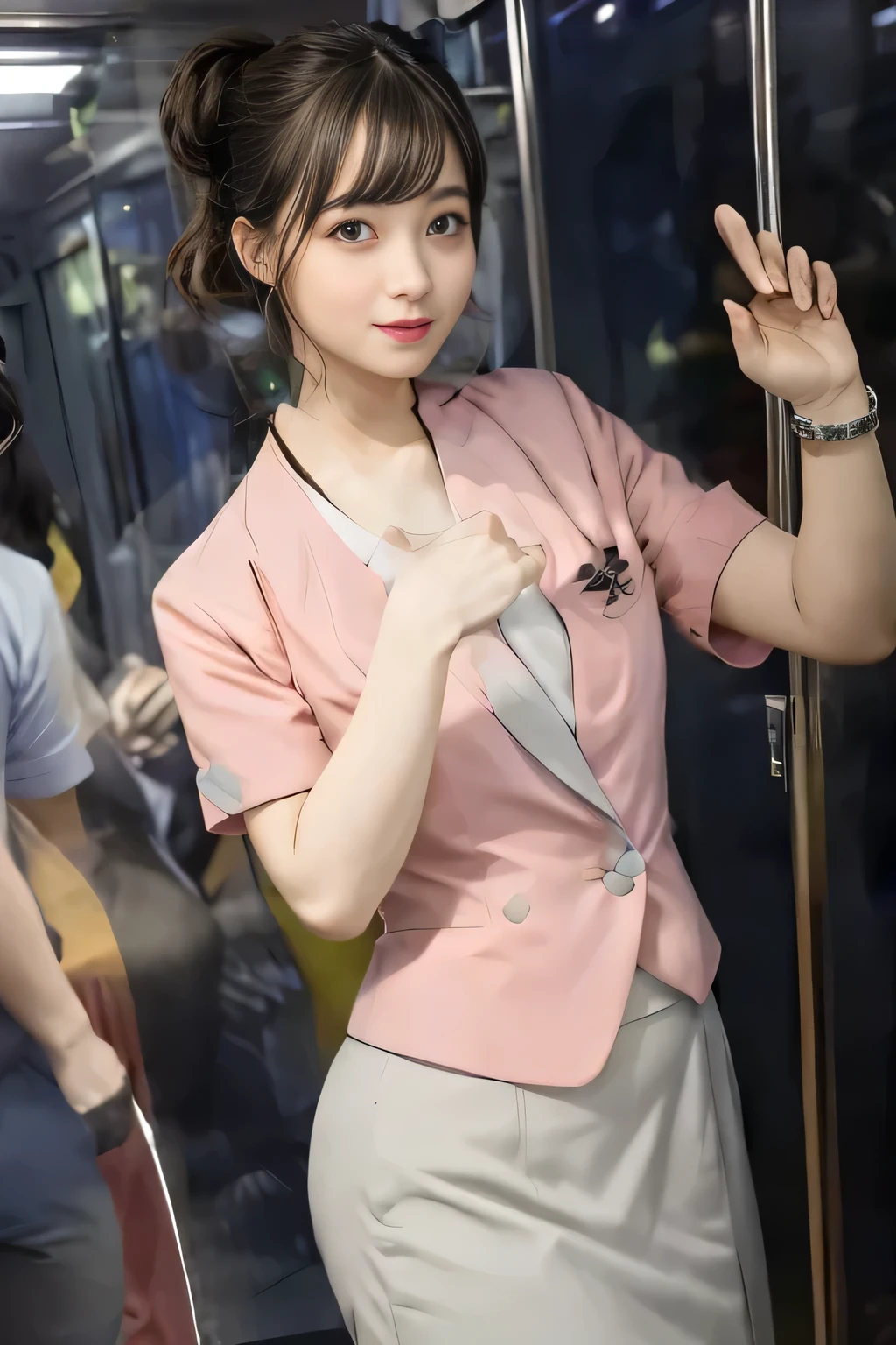 (masterpiece:1.2, Highest quality:1.2), 32k HDR, High resolution, (alone、1 girl)、(On the roof of a building in the daytime、Professional Lighting)、Building rooftop background、(Nankai train crew uniform pinkを着たリアルスタイル)、(Nankai Railway crew uniform, pink, short sleeve, collarless, pink jacket、No-collar short-sleeve blouse、Grey knee-length culottes)、((The bottom of the pink short-sleeved jacket cannot be tucked into the clay-colored culottes..))、Dark brown hair、(Hair tied up、Chignon)、Dark brown hair、Long Shot、Big Breasts、Thin legs、((Great hands:2.0)),((Harmonious body proportions:1.5)),((Normal limbs:2.0)),((Normal finger:2.0)),((Delicate eyes:2.0)),((Normal eyes:2.0)))、smile、(A beautiful figure showing off the Nankai Railway crew uniform)、Bring your hands down