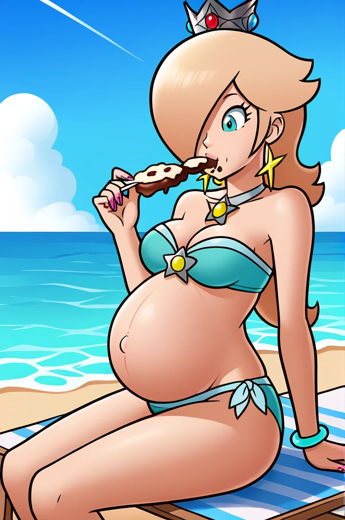 score_9, score_8_up, 1girl, solo, rosalina, style parody, thick outlines, bikini, panties, pregnant belly, sleeveless, strapless, cleavage, eating, beach, medium breasts