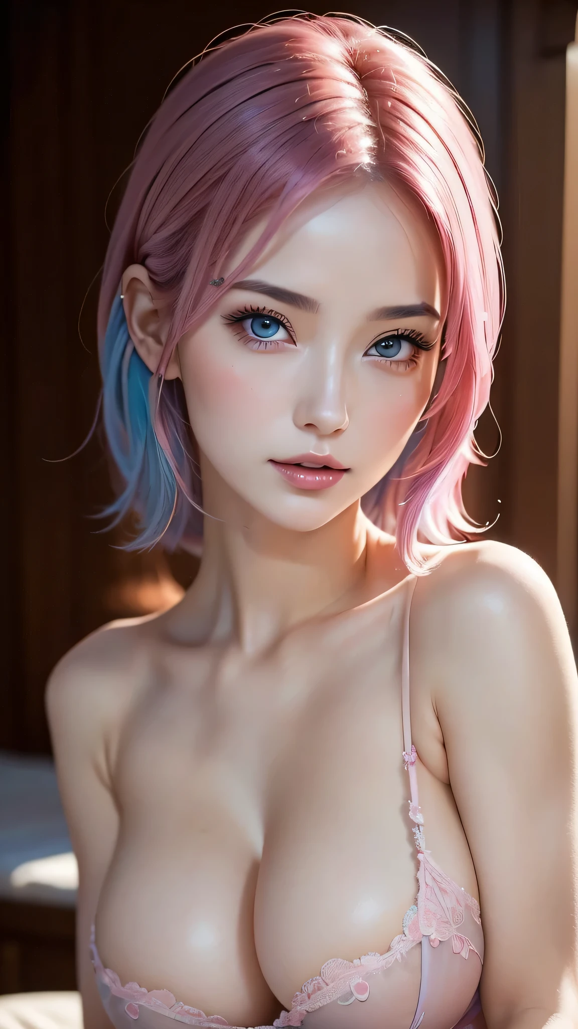 ((masterpiece)), (Highest quality))),Very detailed, Seductive erotic woman sweating, (Very delicate and beautiful face), (Beautiful eyes in every detail),Breasts covered in rose petals, (Big Breasts, pink/Blue Hair), Focus on the face, Focus on the face, Complex eyes,Elaborate decoration,