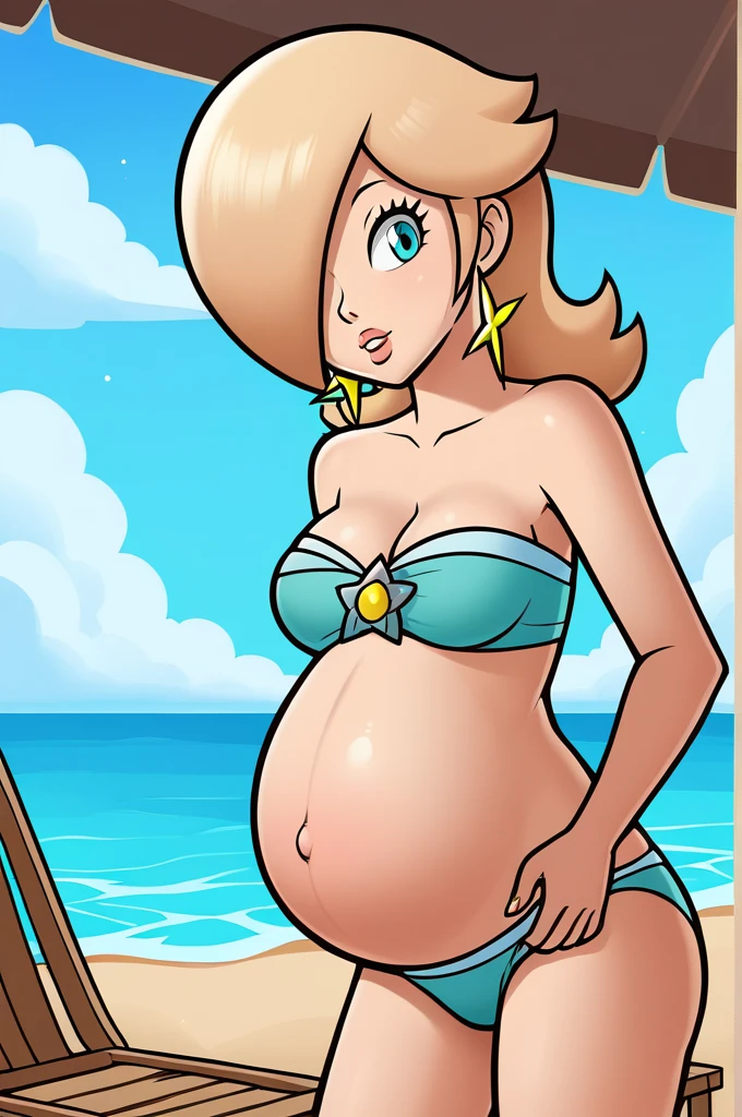 score_9, score_8_up, 1girl, solo, rosalina, style parody, thick outlines, bikini, panties, pregnant belly, sleeveless, strapless, cleavage, indoors, beach, medium breasts
