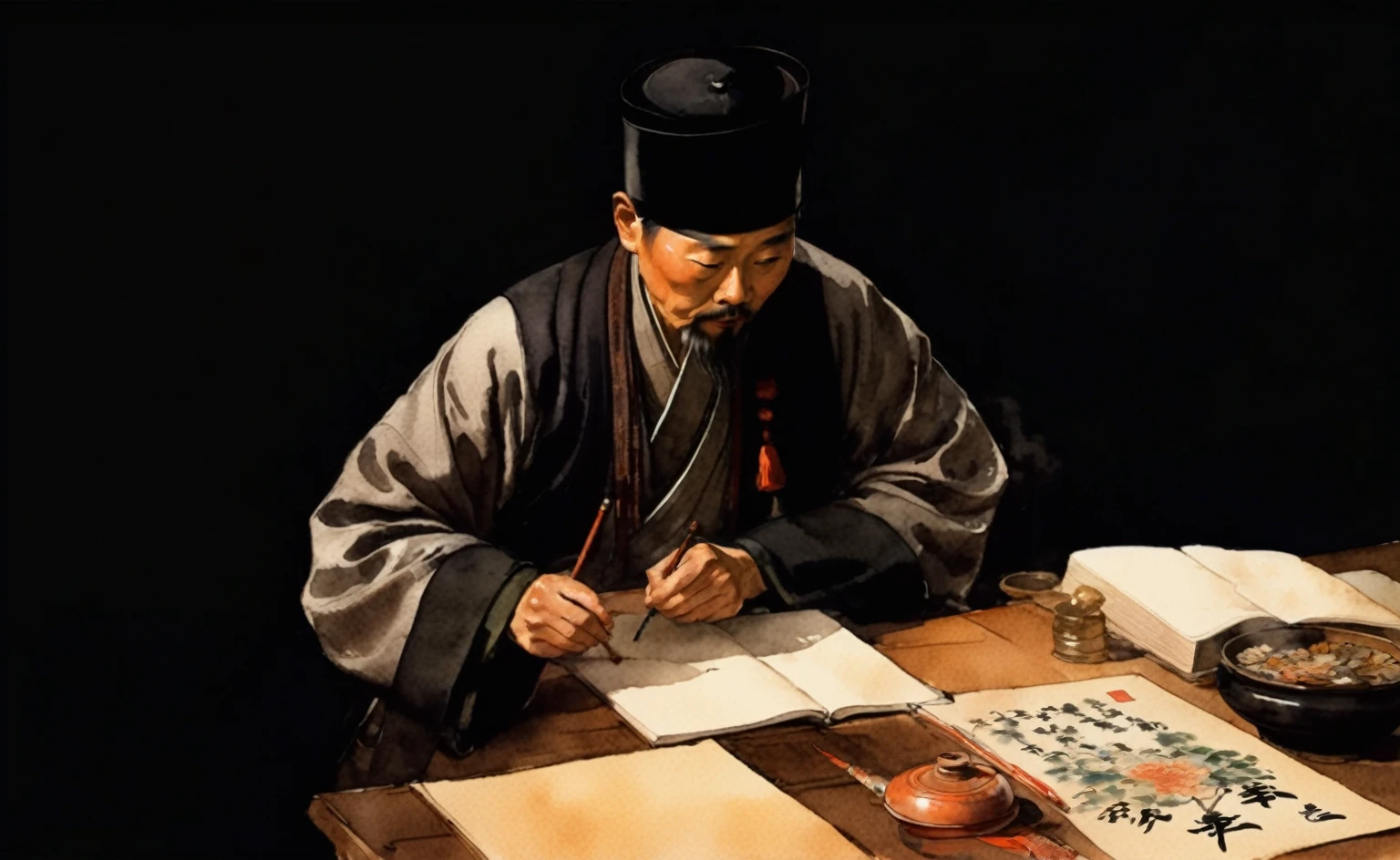 Chinese man sitting at the table writing a book, Chinese Artists, Chinese Calligrapher, scarf，Commoner，Writing brush，oil lamp，author：Randolph Caldecott, (watercolor, masterpiece, representative work, Illustration Art, Professional Line Art, Super complex and detailed, Chinese painting，8K:1.3)
