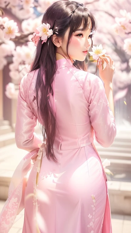 arafed asian woman in a pink dress holding a flower, ao dai, white hanfu, palace ， a girl in hanfu, flowing sakura silk, with flowers, beautiful asian girl, mai anh tran, beautiful south korean woman, beautiful image, asian girl, japanese model, cute elegant pose, back pose, backview, traditional beauty, cheongsam