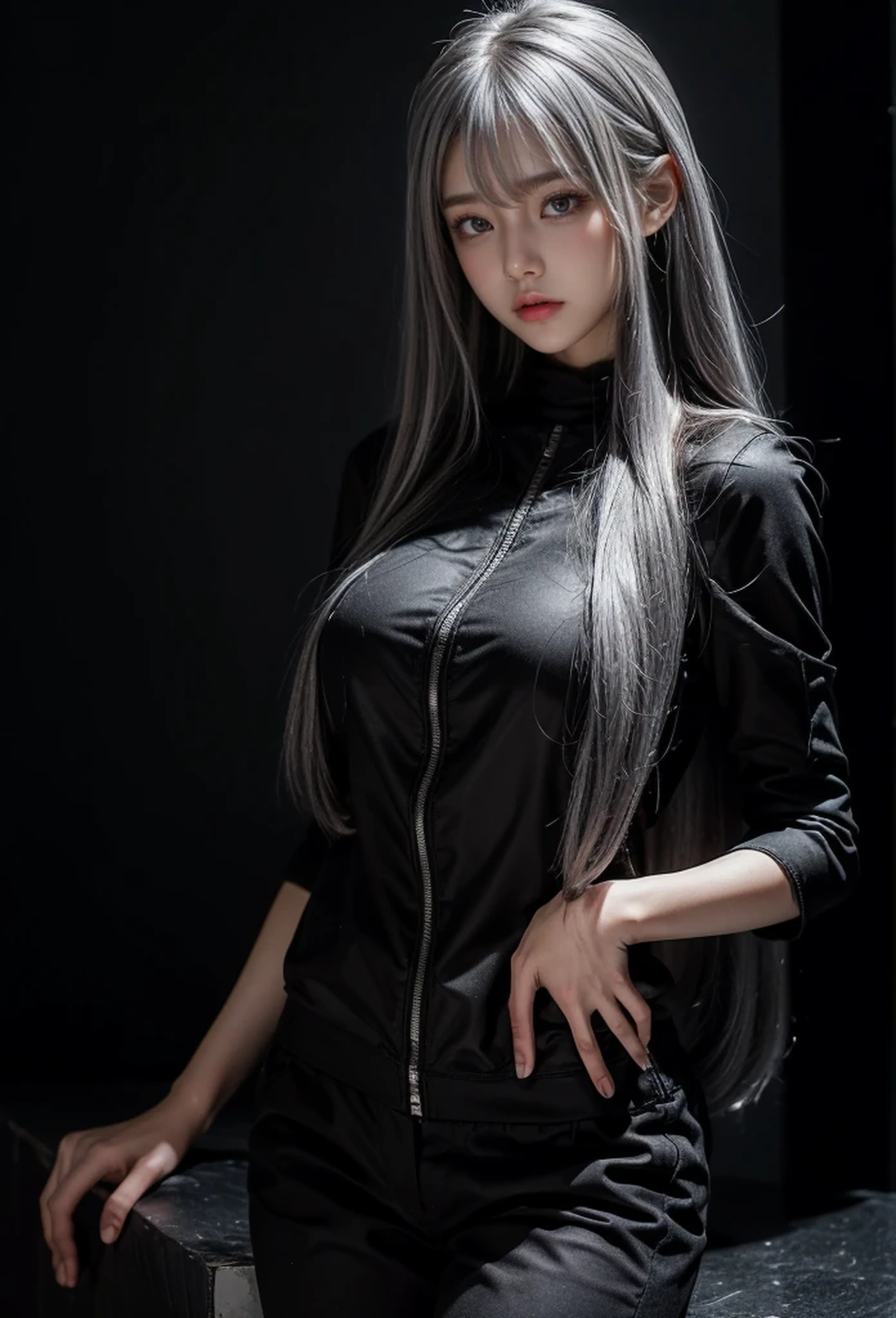 Military Uniforms,pants,black military uniform,whole body,Height: 168cm,almond shape eyes,{{{{{silver eyes}}}}},{{{{{dull bangs}}}}},(slanted eyes},{{whole body},{{{1 girl}}}, long hair, straight hair,{{{{silver hair}}}},{{{tsurime}}},30 years old,{Medium chest},{{bush}},silver eyes,{{{masterpiece}}}, {{{highest quality}}}, {{Super detailed}}, {shape}, {{very delicate and beautiful}},very detailed,detailed perfect,detailed hyper,Abundant thighs,big ass,black clothes