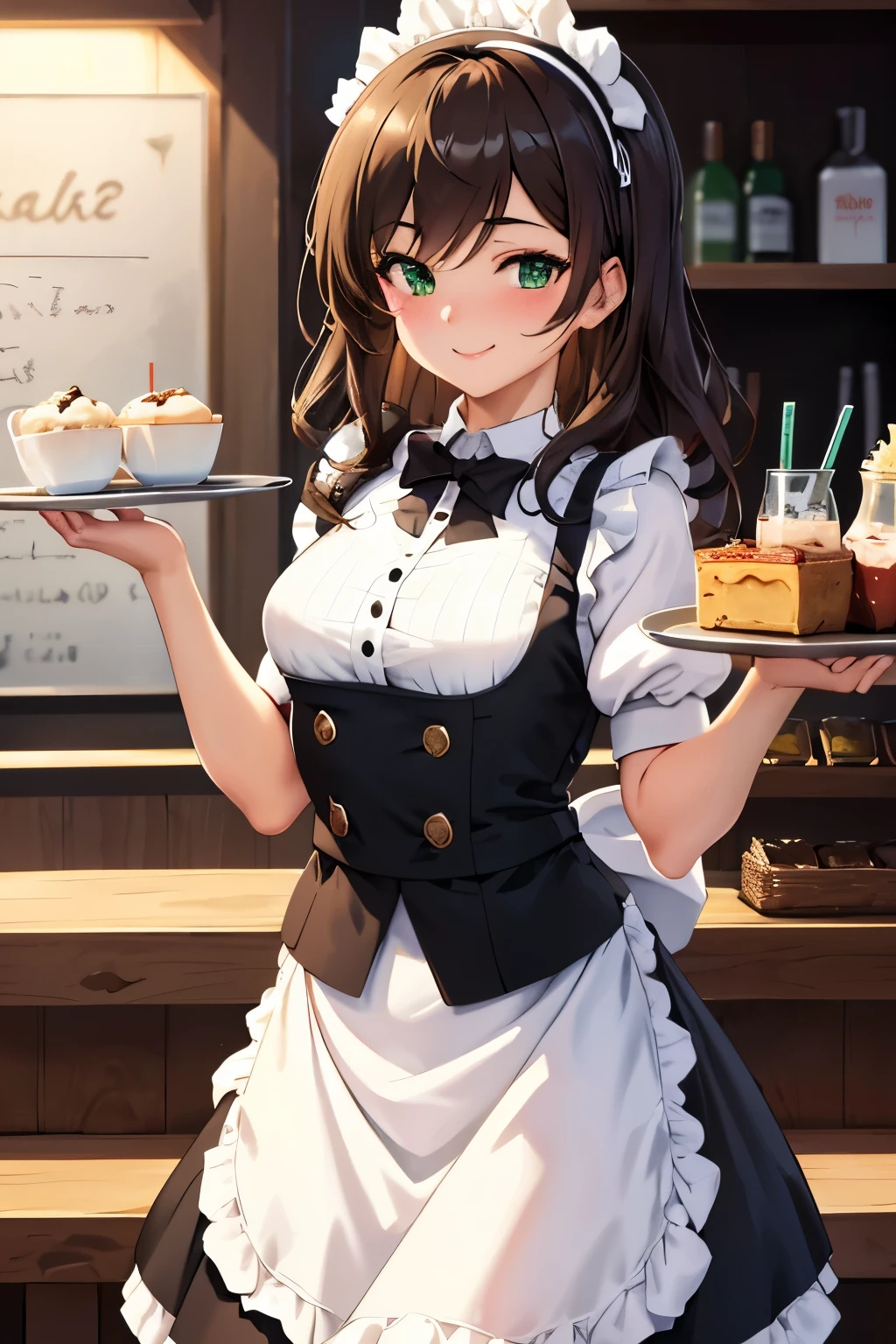 (masterpiece, highest quality, high resolution, super high resolution, pixel perfect, written boundary depth, 4K, RTTX 10.0, high resolution)), 1 girl, single, alone, beautiful anime girls, Beautiful art style, Anime characters, (shortcuts, bangs, dark brown hair)), ((Green Eyes: 1.4, Round eyes, Beautiful shadows, current eyes)), (Smooth texture: 0.75, Anime CG style)), Medium chest, (dynamic angle, close)), perfect body, (pretty girl), 1 girl, solo, baseball stadium setting with a lively atmosphere., In a cozy, stylish café with a warm and inviting atmosphere, a young girl dressed in a classic maid outfit is bustling around busily. She wears a traditional black dress with a white apron and a matching headband. The café interior features rustic wooden tables, comfortable seating, and a counter displaying delicious pastries and beverages. The girl is carrying a tray with coffee and desserts, smiling warmly as she serves customers. The café is filled with a pleasant mix of people enjoying their drinks, adding to the lively and charming ambiance.
