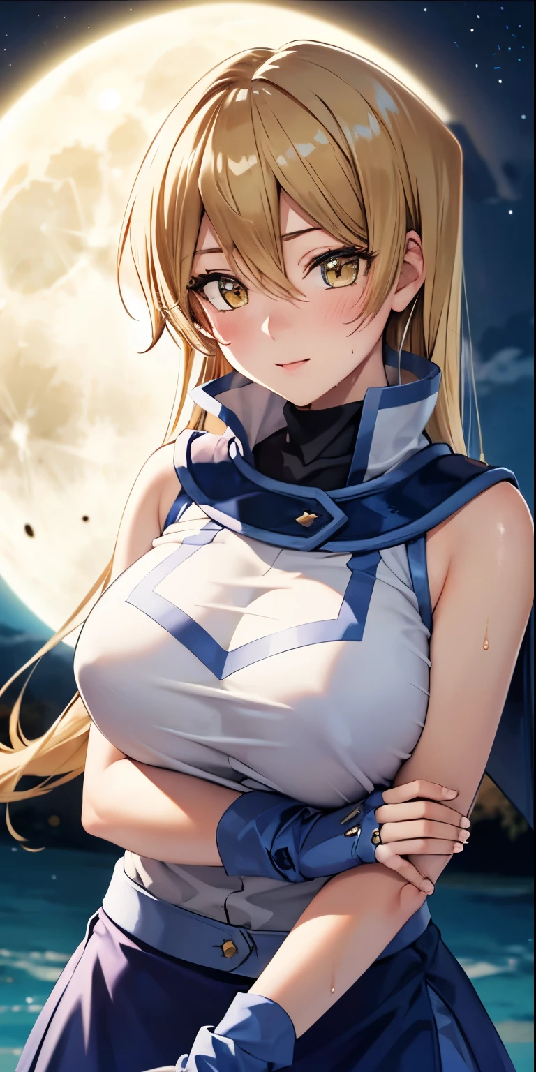 1 Female,High definition,high resolution,Ultra-realistic,8K, 8K, ta1,blonde hair,long hair,yellow eyes, white jacket, sleeveless, blue skirt,tight skirt , miniskirt,fingerless gloves,European,sexy,Upper body close-up,Photographed from the front,Dynamic Angles,(blush), big tits , happy, wink the eye,facial, sweat,multicolored hair , outdoors, moonlight, night 