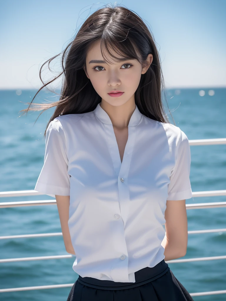 8k, Raw photo, highest quality, masterpiece:1.2), masterpiece, highest quality, figure, Very detailed, Fine details, High resolution, 8k,wallpaper, Perfect dynamic composition,(Detailed high quality, Realistic depiction of eyes:1.3)、A woman who has been and has her hands tied、Arms wrapped around his back、Standing on a yacht on the sea、The skirt is flipped up in strong winds、White panties are visible、The whole thing faces forward、21talent、Beauty、Well-formed face、Make your eyes even、Beautiful black hair、Has bangedium build、Well-balanced proportions、Beautiful legs、Short sleeve blouse、Long skirt、Fresh face、Beautiful scenery、