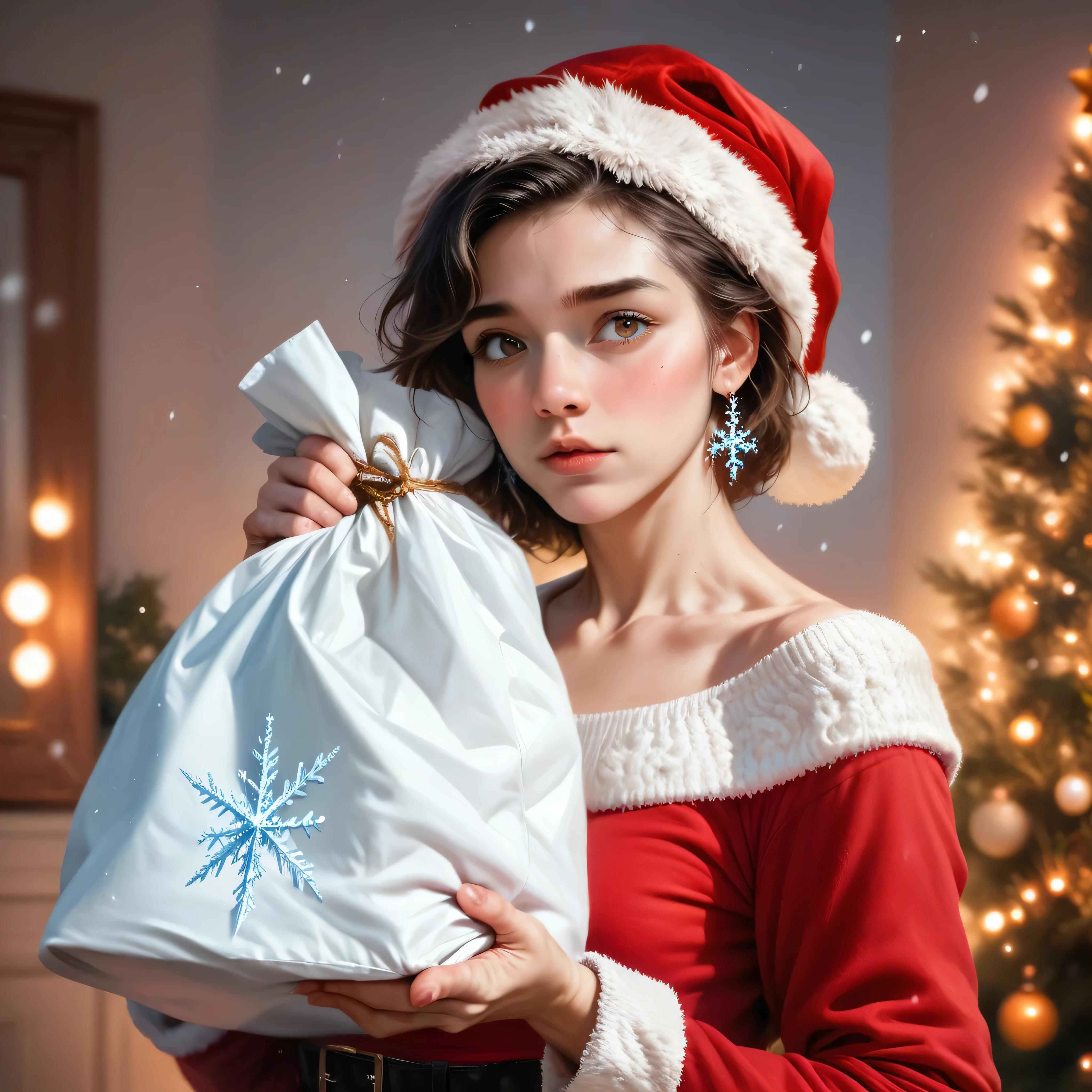 A beautiful, detailed portrait of a young Santa Claus holding a sack of gifts, standing in a snowy winter landscape with northern lights in the sky, (best quality,4k,8k,highres,masterpiece:1.2),ultra-detailed,(realistic,photorealistic,photo-realistic:1.37),extremely detailed face and eyes,beautiful detailed lips,longeyelashes,intricate Christmas decoration,snowflakes, warm lighting, cinematic, vibrant colors, fantasy, digital art