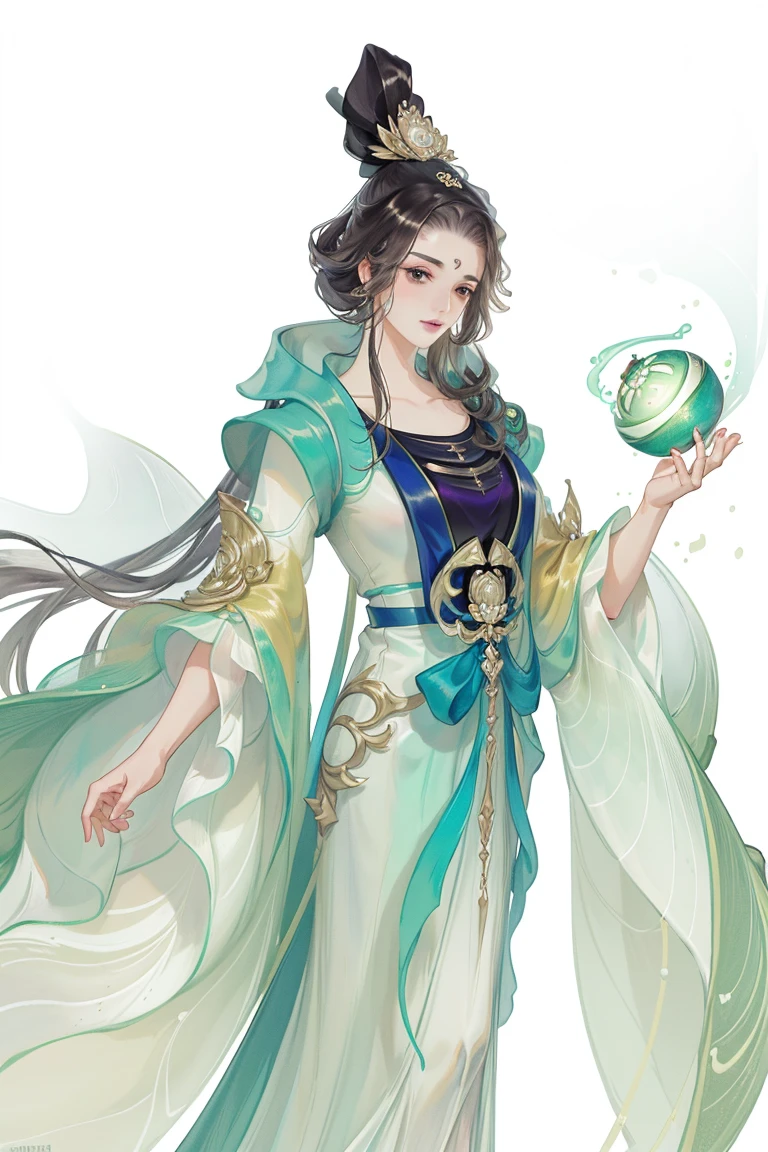 (((tmasterpiece, Best quality at best, Ultra-high resolution, CG unified 8K wallpaper, Best quality, ultra - detailed, ultra HD picture quality))), 1 girl, cabelos preto e longos, game fairy, Lotus lotus leaf decoration, Greencoat, Hanfu, yarn, flowing gauze, jewely, ((Colorful)), Nice face, beautidful eyes, Beautiful hairstyle, Beautiful costumes, Structurally sound