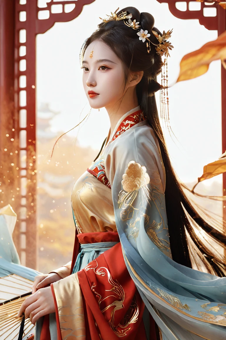 (Chinese style illustration), chinese clothes, hanfu, Exquisite Chinese color (ink painting) , Gold edge lines outline characters, 1girl ,chinese clothes, hanfu, detailed, (particles) , splendid, golden light, Extraordinary momentum , majestic, Magnificent, shining, surrealistic portrait, fantasy atmosphere ,(intricate details, hyperdetailed:1.3), guofeng, Chinese style,official art,extremely detailed CG unity 8k wallpaper, xdgb style,