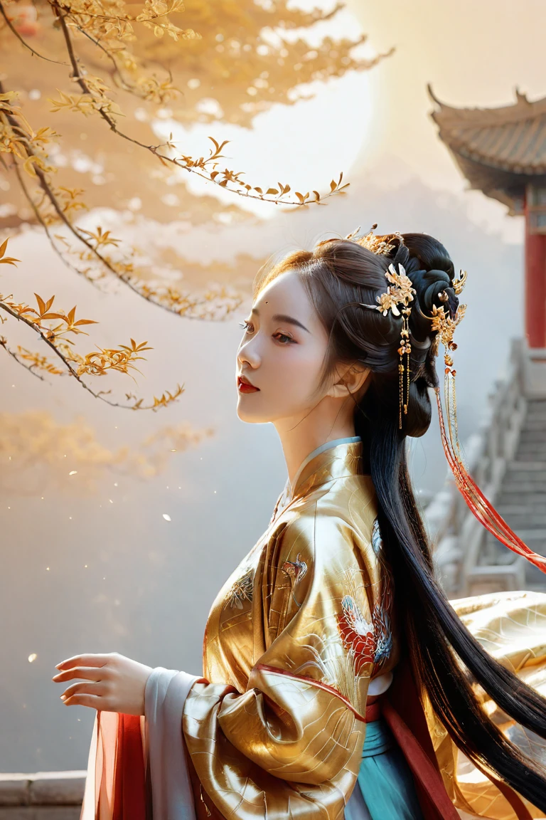 (Chinese style illustration), chinese clothes, hanfu, Exquisite Chinese color (ink painting) , Gold edge lines outline characters, 1girl ,chinese clothes, hanfu, detailed, (particles) , splendid, golden light, Extraordinary momentum , majestic, Magnificent, shining, surrealistic portrait, fantasy atmosphere ,(intricate details, hyperdetailed:1.3), guofeng, Chinese style,official art,extremely detailed CG unity 8k wallpaper, xdgb style,