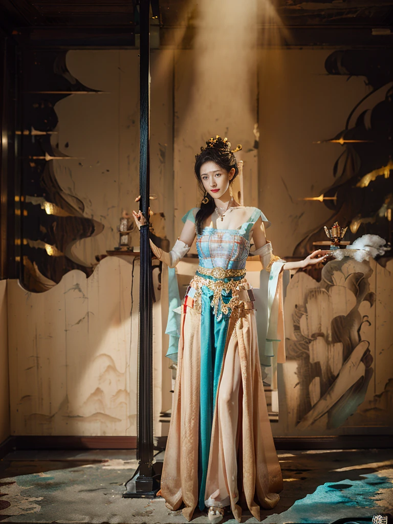 1 girl, Dunhuang flying costume, messy long hair, Zied G, Dunhuang style, A lot of smoke, superb, elegant color, red belt, long skirt, high split ends, Showing thighs, actual, high detail, masterpiece, Ultra-detaileded, dynamic angle, mural background, ink, Astonishing, light, illustration, chiaroscuro, backlight, divine light, best quality, best quality, anatomically correct, Surrealism, shadow, relief, Stereo view, vertical painting, leave, atmospheric perspective, 8k, Ultra-detailed, precise, best quality, anatomically correct, high details, best quality, high quality, high resolution