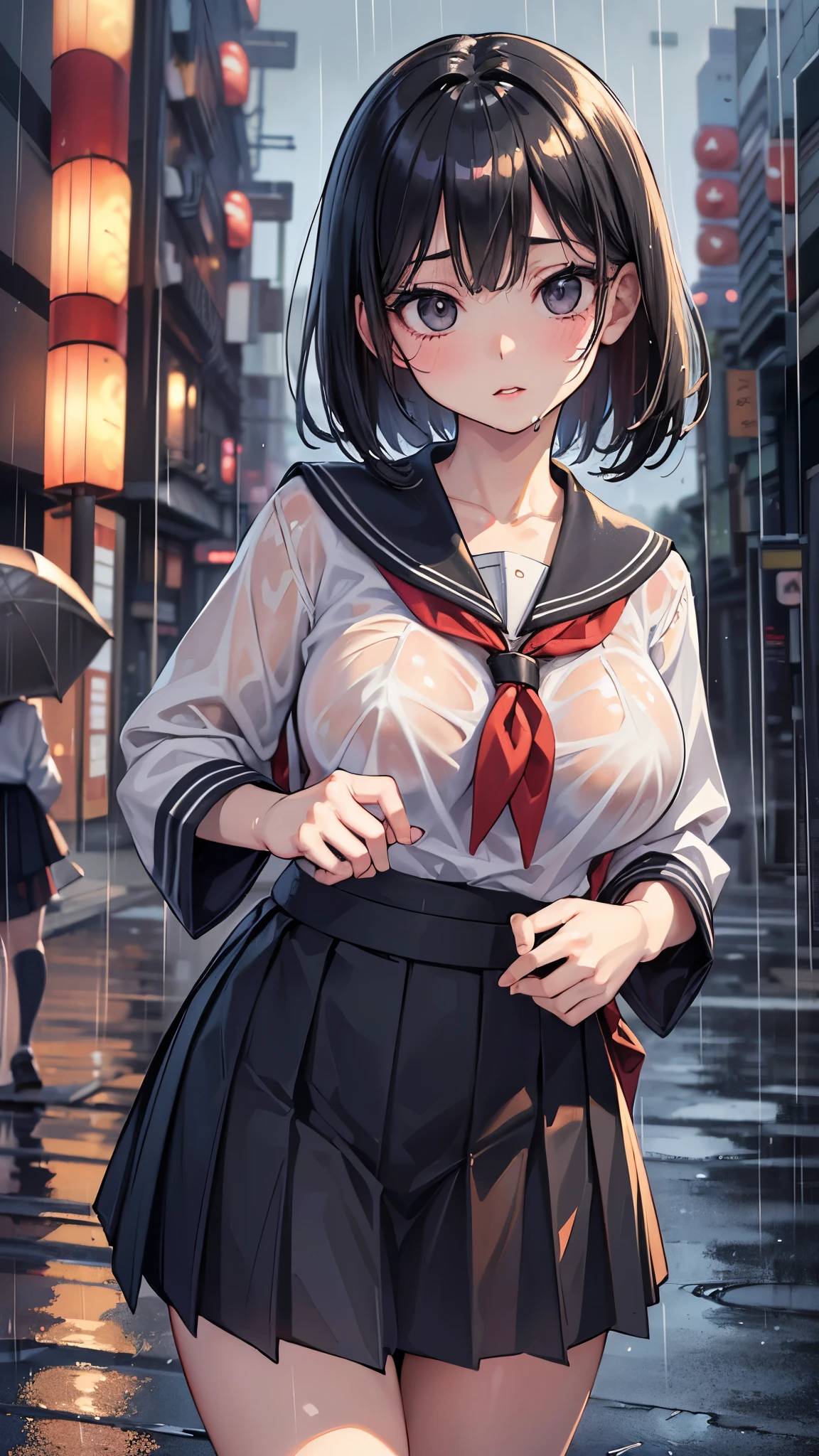(masterpiece:1.3, Highest quality, Ultra-high resolution, Very detailed), (Realistic:1.1, photoRealistic:1.4), Beautiful illustrations, Perfect lighting,Written boundary depth, Beautiful detailsまでこだわった髪, Beautifully detailed face, Beautiful details, Beautiful clavicle, Beautiful body, Beautiful and juicy breasts, Beautiful thighs, Beautiful feet, View your viewers, 1 Girl,Perfect Face, (Perfect Anatomy, Anatomically correct), Cute and symmetrical face、Baby Face、((Shiny Hair)),(Beautiful views),(Outdoor, Blurred rainy night cityscape),(かわいいsmile, smile)、Sexy Body、(masterpiece),(Highest quality:1.3),8K,Very clear,(Ultra-realistic), One Girl,Wide Shot,((Large Breasts)),Wide Hips,Beautiful feet, Captivating woman、(masterpiece、Highest quality、Very detailedな)、((1 Girl))、((Short black hair))、black eye、((とてもLarge Breasts))、((((Japanese school girl uniform))))、((Bra that shows through the shirt))、((Wet clothes))、(((Uniforms sticking to the body in the rain)))、Cowboy Shot、