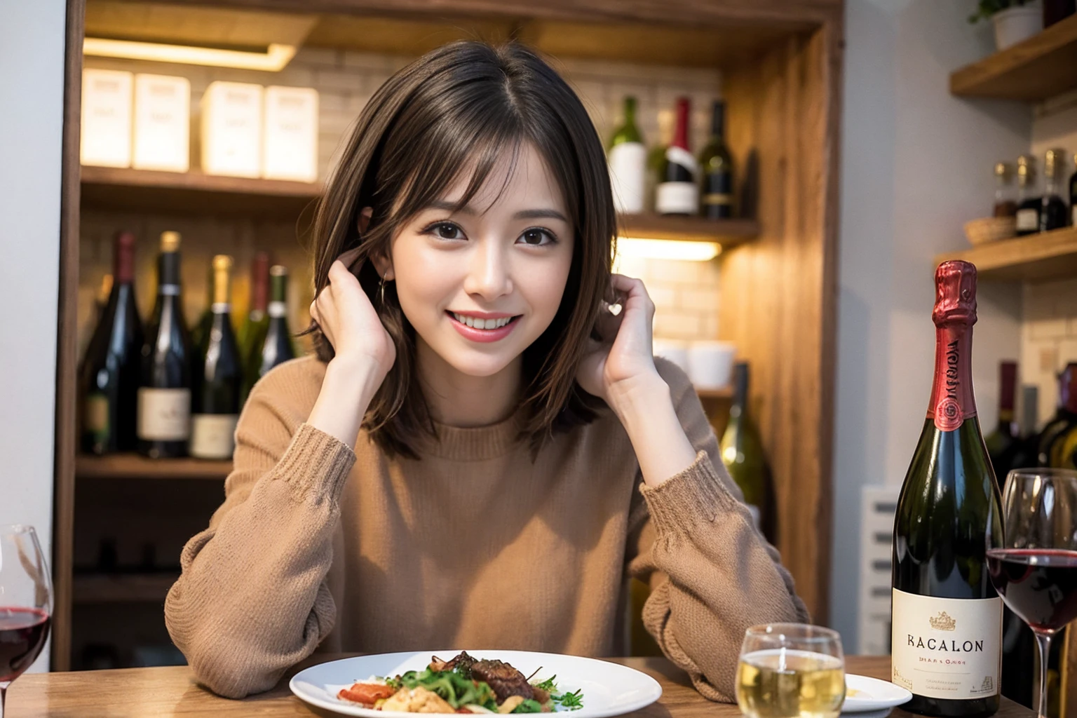 (Realistic:1.1),(masterpiece,Highest quality),8k,(58 years old), 53 years old, ベリーslimボディ、slimカップル、Tight waist,Upper Body,full-course dinner、wine 、Amazing view of the sunset sky and clouds、Perfect Anatomy, Brown Hair, short hair,Random Hairstyles,((Highly detailed face and eyes:1.2)),Perfect golden ratio face,Long sleeve shirt、dress,(smile:1.2)、Shortcuts、cute、(Realistic, Intricate details:1.2), A bright smile、short hair,Bright Face、赤wine 、Appetizers、Italian food、wine bottle、Champagne、スパークリングwine、(slimな顔), (The body is slim), (Brown Hair), (Shortcuts), Upper Body, 白wine, slim, wineグラス,