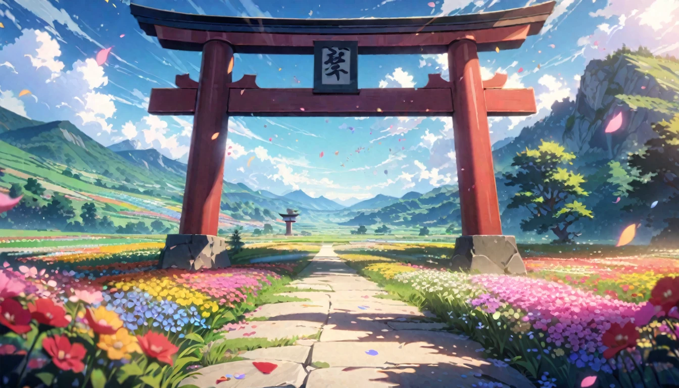 anime aestetics, anime scenery, japanese torii gate standing in the open field, a few stones on the field, diverse landscape, beautifl atmosphere, breathtaking atmosphere, field filled with colorful flowers, peaceful atmosphere, petals flying in the air, windy weather, bright day, fairy tail atmosphere, cinematic ligt, perspective, atmospheric perspective, wide shot, from side, 8k, highres, best quality, award winning, super detail, masterpiece, UHD