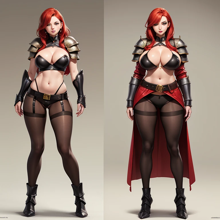score_9,score_8_up,score_7_up, big breasts, beautiful Woman, ((redhead, confident)), (((bare_navel_armor, cleavaged))), (((leather_panties, belt))), ((black_pantyhose)), fullbody shot,