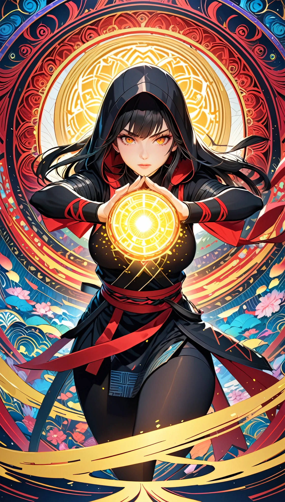 (masterpiece:1.2),(Highest quality),(Very detailed),(High resolution),8k,wallpaper,1 girl,Beautiful female hands,Fine hand,A female ninja is standing,look at me,Beautiful Eyes,Red glowing eyes,The female ninja uses secret genjutsu techniques.,(The background is a kaleidoscope-like, beautiful, geometric illusion world.),The female ninja creates a round yellow energy body in her palm in preparation for an attack.