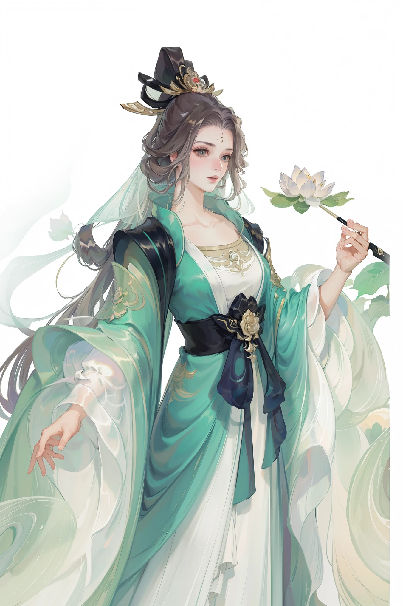 (((tmasterpiece, Best quality at best, Ultra-high resolution, CG unified 8K wallpaper, Best quality, ultra - detailed, ultra HD picture quality))), 1 girl, cabelos preto e longos, game fairy, Lotus lotus leaf decoration, Greencoat, Hanfu, yarn, flowing gauze, jewely, ((Colorful)), Nice face, beautidful eyes, Beautiful hairstyle, Beautiful costumes, Structurally sound
