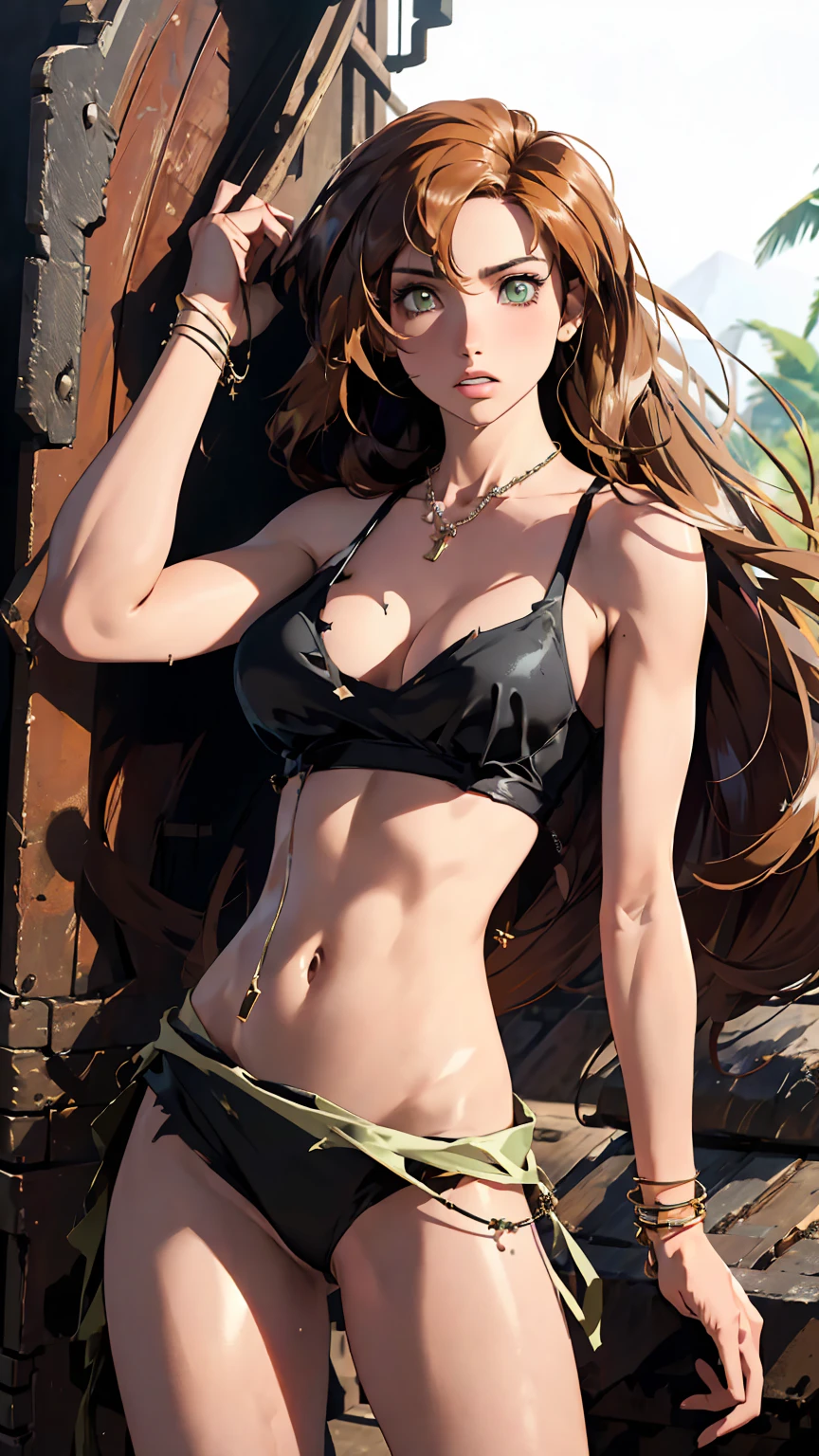 (lifelike, high - resolution:1.3), 1 girl with a perfect body,slender body, Super fine face and eyes,assasin, dark makeup, shiny skin, light brown hair, (toned stomach),Expose cleavage, (bracelets, tooth jewelry, a lot of necklaces, very long necklaces, necklaces down to stomach, body chains, waist chains), (post apocalyptic future, jungle wasteland. torn clothes, torn to shreds dress), (wet skin, shiny skin), large breasts, abs