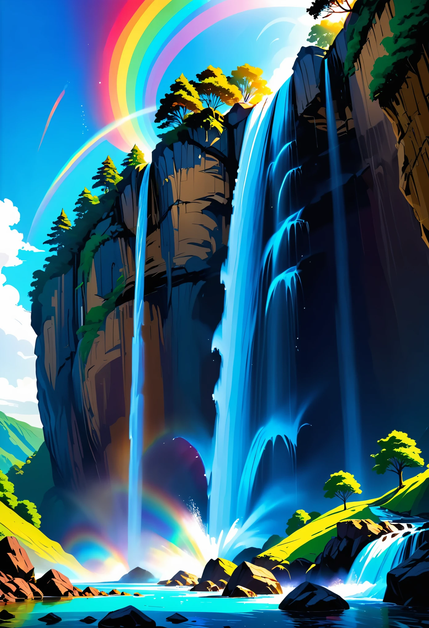 a ((low angle shot: 1.5)), from below of an epic waterfall, there is an epic waterfall coming out of an epic cliff, the water coming down in earnest, there is a rainbow reflected on the  water, vibrant, Ultra-high resolution, High Contrast, (masterpiece:1.5), highest quality, Best aesthetics), best details, best quality, highres, 16k, (ultra detailed: 1.5), masterpiece, best quality, (extremely detailed) RAW, (ultra details, Masterpiece, best quality), ral-czmcrnbw