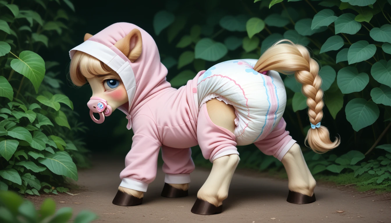 pony, beige earth pony, no horn, no wings, adult filly, lush mane braided, bushy tail, blue eyes, stands on four hooves, rear hooves spread wide apart, dressed in onesie foal, foal bonnet and foal booties, pacifier in mouth, solo, raised tail, thick diaper under clothes, bulge on the back of the diaper, between the hind hooves and on the front of the diaper, sagging diaper, pink blush on cheeks, embarrassment, awkwardness.
