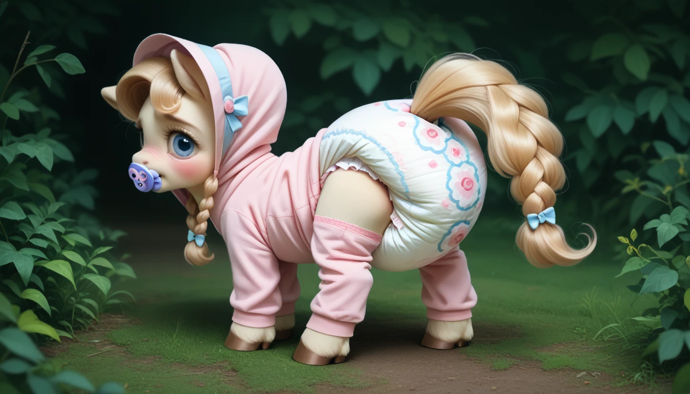 pony, light caramel unicorn, adult mare, plum eyes, lush mane braided, bushy tail, sitting outside, dressed in bright pink onesie adult size and pink booties adult size, pacifier in mouth, solo, thick light pink diaper under clothes, bulge on the back of the diaper, between the hind hooves and on the front of the diaper, sagging diaper, pink blush on cheeks, embarrassment, awkwardness.