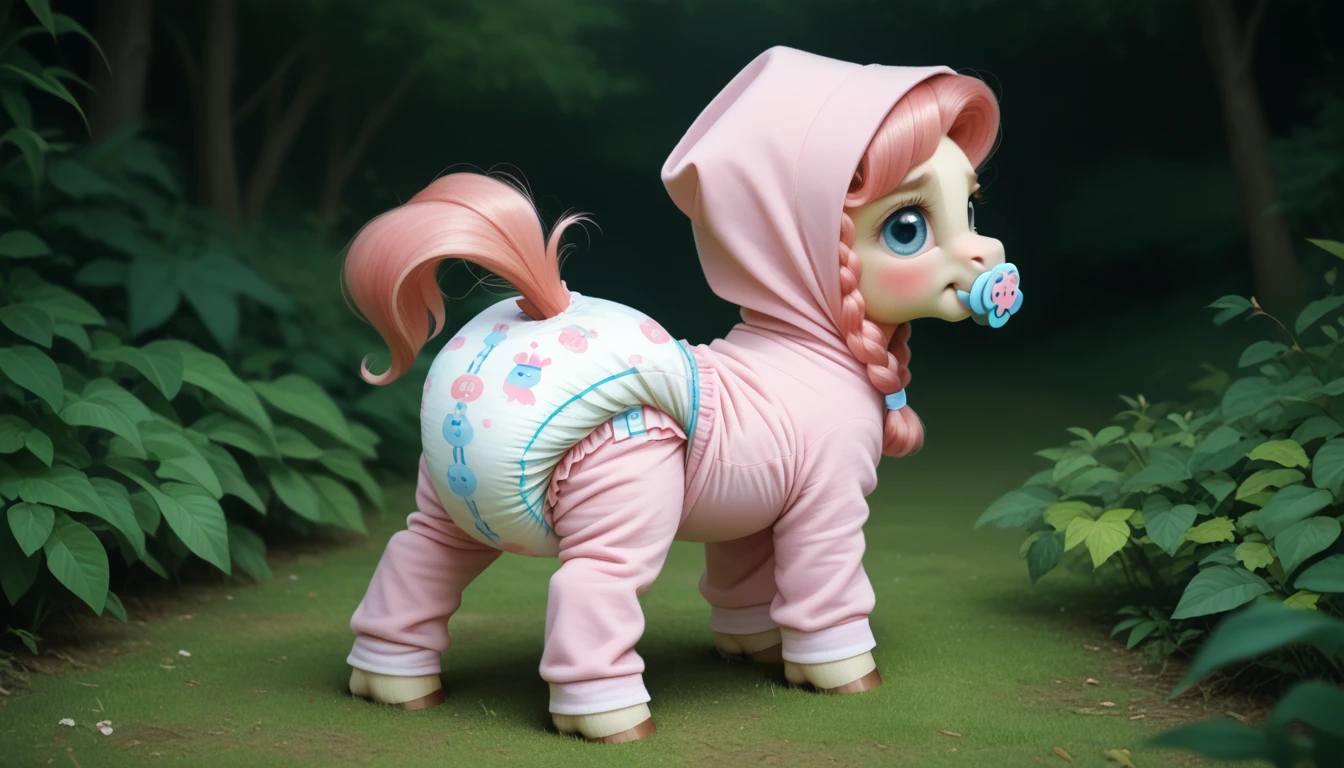 pony, beige earth pony, no horn, no wings, adult filly, lush mane braided, bushy tail, blue eyes, stands on four hooves, rear hooves spread wide apart, dressed in onesie foal, foal bonnet and foal booties, pacifier in mouth, solo, raised tail, thick diaper under clothes, bulge on the back of the diaper, between the hind hooves and on the front of the diaper, sagging diaper, pink blush on cheeks, embarrassment, awkwardness.