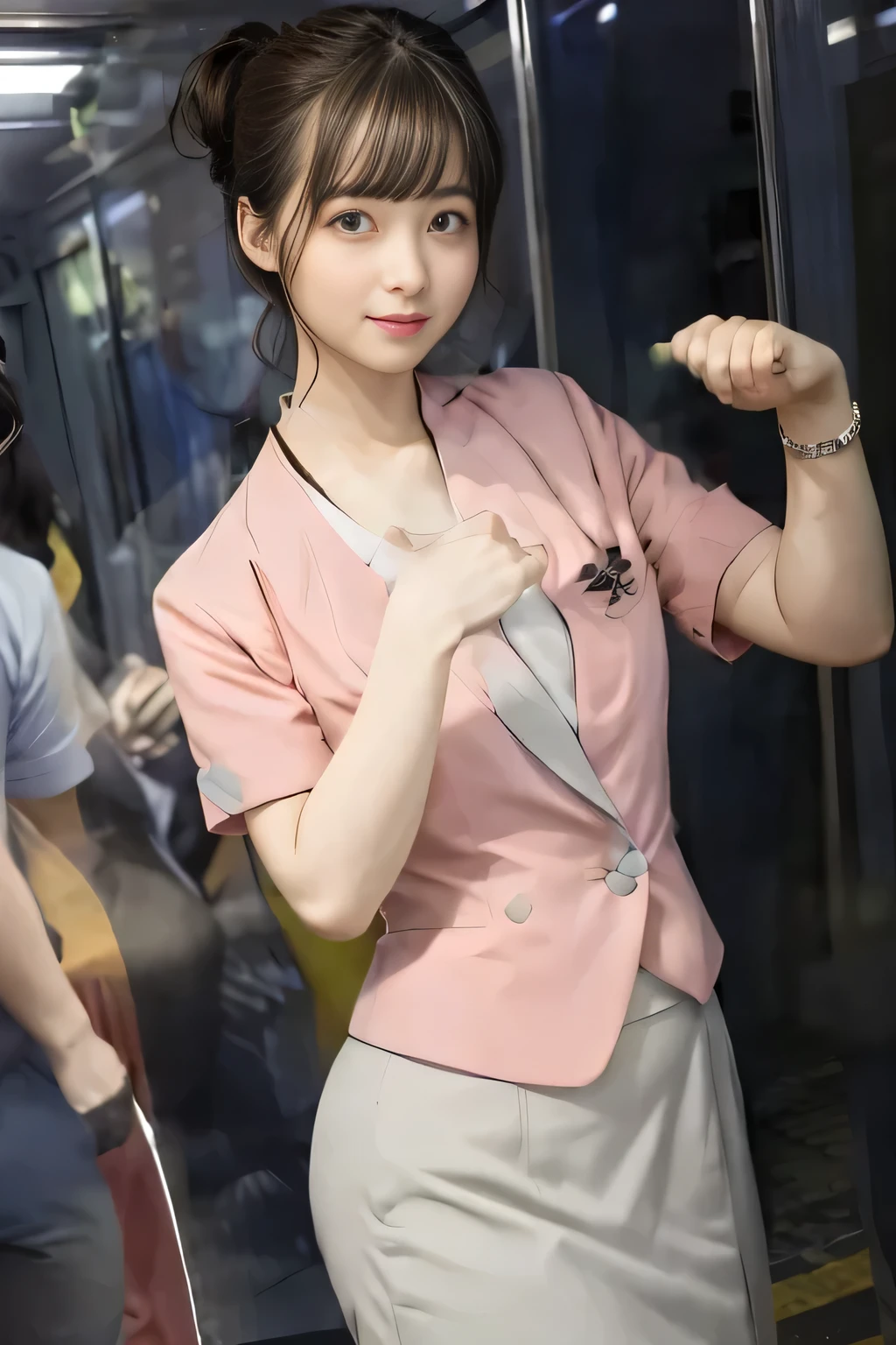 (masterpiece:1.2, Highest quality:1.2), 32k HDR, High resolution, (alone、1 girl)、（On the roof of a building in the daytime、Professional Lighting）、Building rooftop background、（Nankai train crew uniform pinkを着たリアルスタイル）、（Nankai Railway crew uniform, pink, short sleeve, collarless, pink jacket、No-collar short-sleeve blouse、Grey knee-length culottes）、（（The bottom of the pink short-sleeved jacket cannot be tucked into the clay-colored culottes..））、Dark brown hair、（Hair tied up、Chignon）、Dark brown hair、Long Shot、Big Breasts、Thin legs、（（Great hands：2.0）），（（Harmonious body proportions：1.5）），（（Normal limbs：2.0）），（（Normal finger：2.0）），（（Delicate eyes：2.0）），（（Normal eyes：2.0））)、smile、（A beautiful figure showing off the Nankai Railway crew uniform）、Bring your hands down