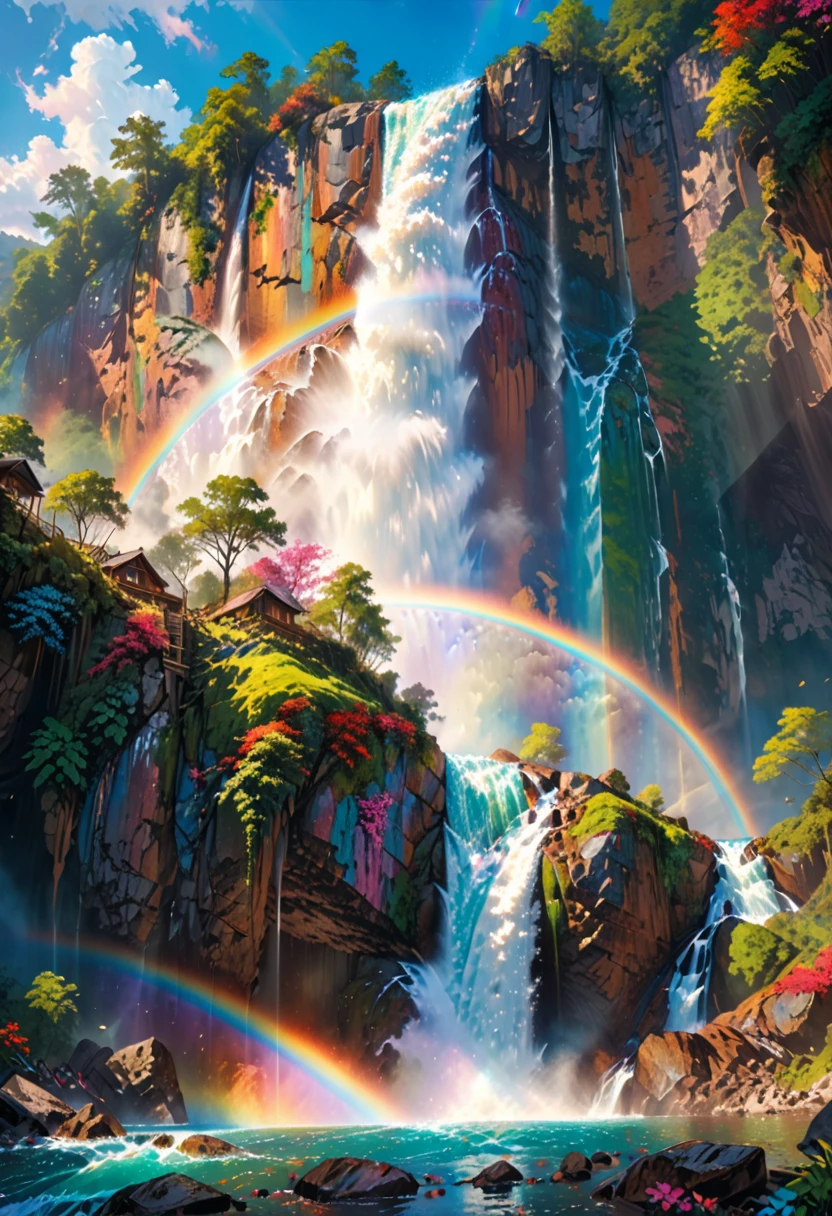 a ((low angle shot: 1.5)), from below the waterfall, of an epic waterfall, there is an epic waterfall coming out of an epic cliff, the water coming down in earnest, there is a rainbow reflected on the  water, vibrant, Ultra-high resolution, High Contrast, (masterpiece:1.5), highest quality, Best aesthetics), best details, best quality, highres, 16k, (ultra detailed: 1.5), masterpiece, best quality, (extremely detailed) RAW, (ultra details, Masterpiece, best quality), ral-czmcrnbw