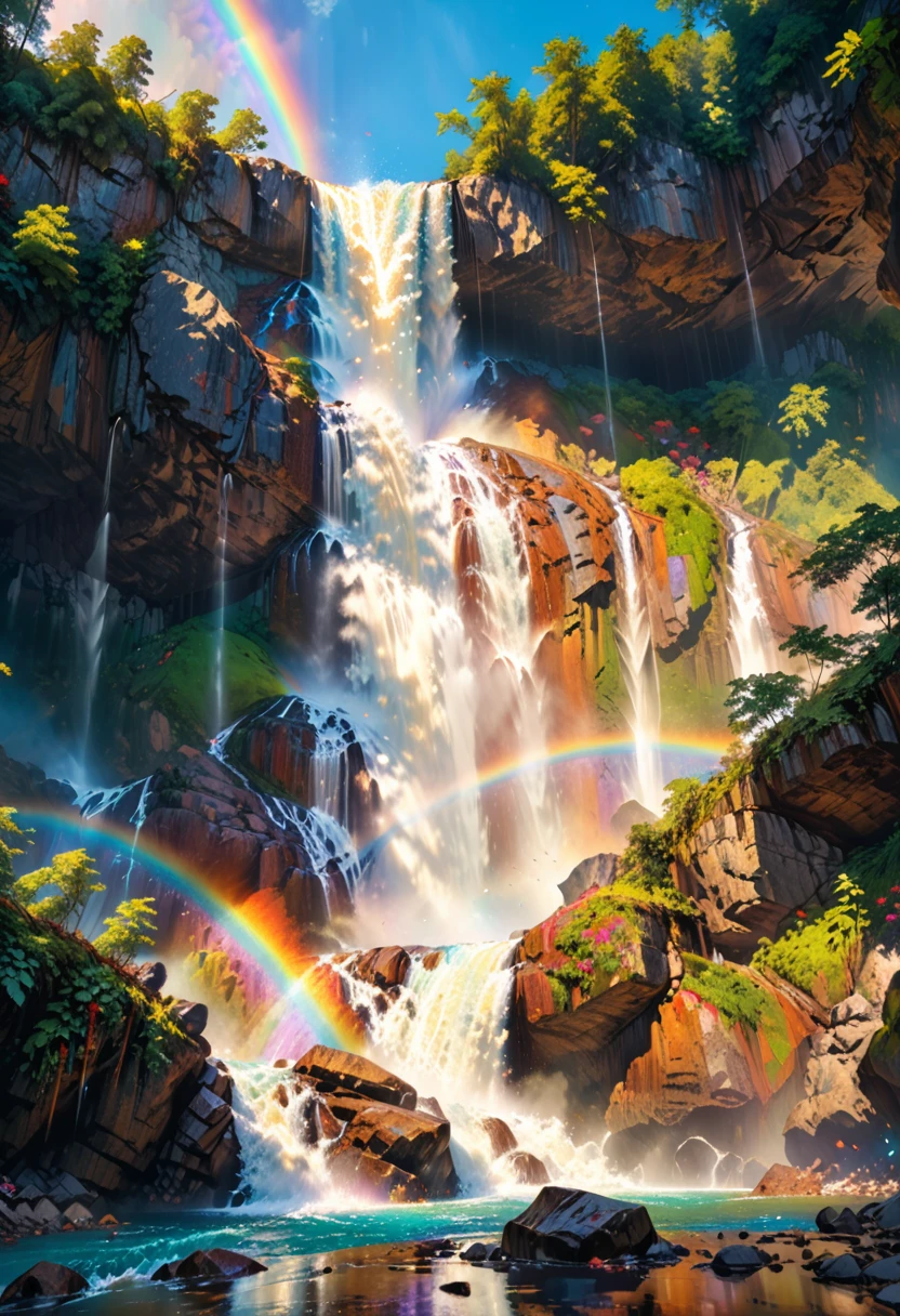 a ((low angle shot: 1.5)), from below the waterfall, of an epic waterfall, there is an epic waterfall coming out of an epic cliff, the water coming down in earnest, there is a rainbow reflected on the water, vibrant, Ultra-high resolution, High Contrast, (masterpiece:1.5), highest quality, Best aesthetics), best details, best quality, highres, 16k, (ultra detailed: 1.5), masterpiece, best quality, (extremely detailed) RAW, (ultra details, Masterpiece, best quality), ral-czmcrnbw