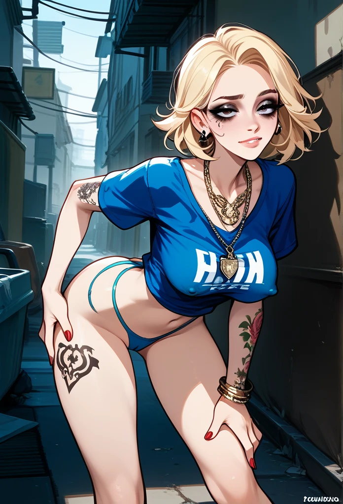 masterpiece, best quality, mature woman, blonde hair, sharp eyes, curvy body, dirty alley, thong, besides dumpster, front view, hand on thighs, hopeless eyes, tired, despair eyes, slave tattoo, junkie, tattoos, eye bags, eye shadow, (skimpy clothing), (bend over, bending forward), (whore expression), (please show nipples through clothing), idiot smile, (please show pussy through clothing), colorful clothing
