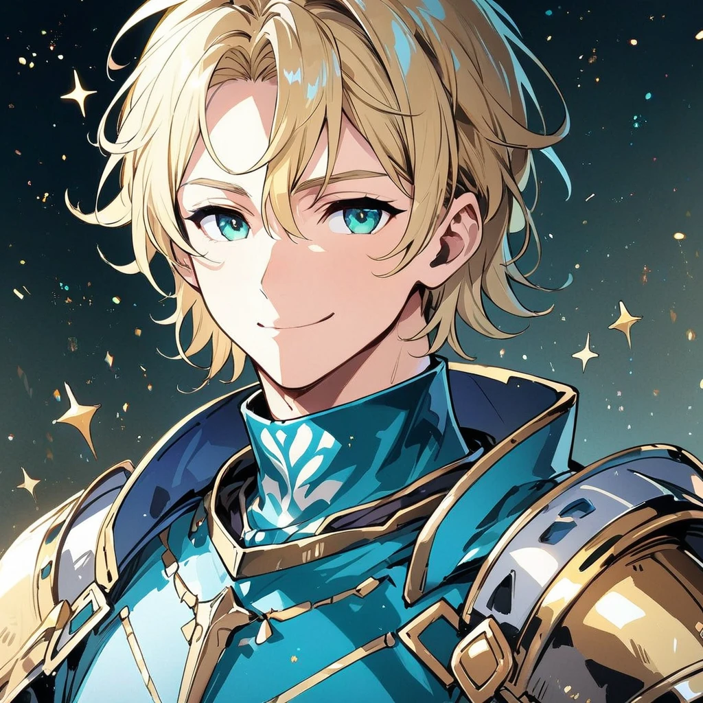 ((masterpiece)), ((Highest quality)), ((smile)), ((A handsome man with a gentle personality)), ((A man with blond hair and a lot of hair)), (A 20-year-old boy), Knights of medieval Europe, Fantasy, (Bangs parted in the middle), ((Turquoise Armor)), (Detailed and beautifully decorated armor), (Beautifully detailed blue-green eyes), (Droopy eyes), Few eyelashes, ((Beautifully detailed face)), (Gentleman), (positive personality), Ultra-high resolution, (anime:1.1)