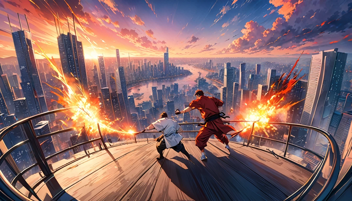 Anime illustration,, A dramatic and intense final showdown scene, where two skilled martial artists are engaged in a high-stakes battle. The background is a city skyline with tall, modern buildings, and a vibrant sunset. The atmosphere is a mix of adrenaline and suspense, with a sense of the stakes being higher than ever., high res, best quality, masterpiece,