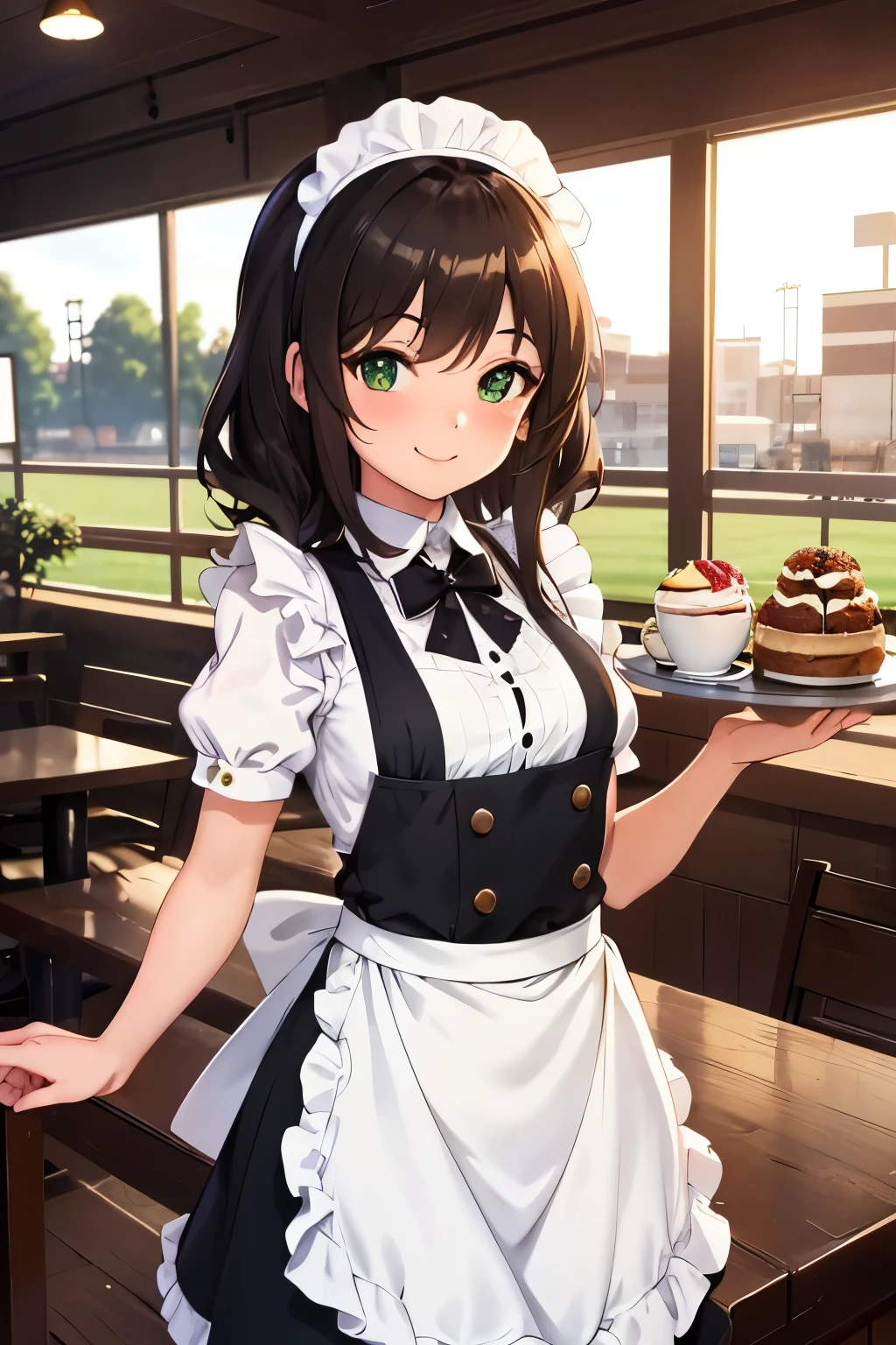 (masterpiece, highest quality, high resolution, super high resolution, pixel perfect, written boundary depth, 4K, RTTX 10.0, high resolution)), 1 girl, single, alone, beautiful anime girls, Beautiful art style, Anime characters, (shortcuts, bangs, dark brown hair)), ((Green Eyes: 1.4, Round eyes, Beautiful shadows, current eyes)), (Smooth texture: 0.75, Anime CG style)), Medium chest, (dynamic angle, close)), perfect body, (pretty girl), 1 girl, solo, baseball stadium setting with a lively atmosphere., In a cozy, stylish café with a warm and inviting atmosphere, a young girl dressed in a classic maid outfit is bustling around busily. She wears a traditional black dress with a white apron and a matching headband. The café interior features rustic wooden tables, comfortable seating, and a counter displaying delicious pastries and beverages. The girl is carrying a tray with coffee and desserts, smiling warmly as she serves customers. The café is filled with a pleasant mix of people enjoying their drinks, adding to the lively and charming ambiance.