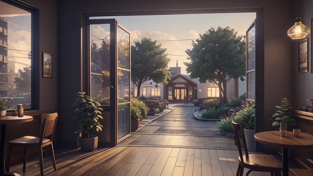 there is a large window in the room that looks out onto the street, a low poly render inspired by senior environment artist, polycount contest winner, photorealism, realistic midnight lighting, cozy cafe background, rendered in cryengine, realistic cinematic lighting, rendered in unreal engine 4 k hq, rendered in unreal engine 4k hq, detailed lighting and textures