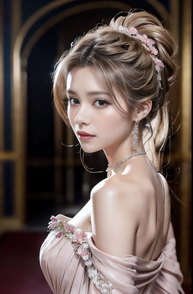 masterpiece, Noble woman, Severe, elegant, Pink Dress, Aristocratic, silver element, Long nails, Exposing shoulders, Hairstyle, Put your hair up, Braids and ponytails, Messy, arrogant, Absurd, Detailed dress, Royalty, celebration, Hall decorated with flowers, Cowboy Shot, Portraiture, (Highest quality), (masterpiece), (Very detailed), (8k Raw Photo:1.5)