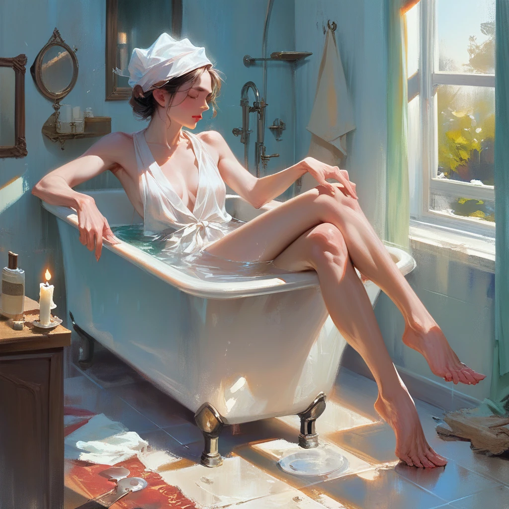 a woman bathing in a vintage style bathroom, highly detailed, clawfoot bathtub, tiled floors, vintage vanity, candles, luxurious bathrobes, window light, reflections, Rembrandt lighting, oil painting, intricate details, Tall long legs, Wearing a shower cap on his head, Beautiful scenery outside the window, photorealistic, cinematic lighting, hyper realistic, 16k