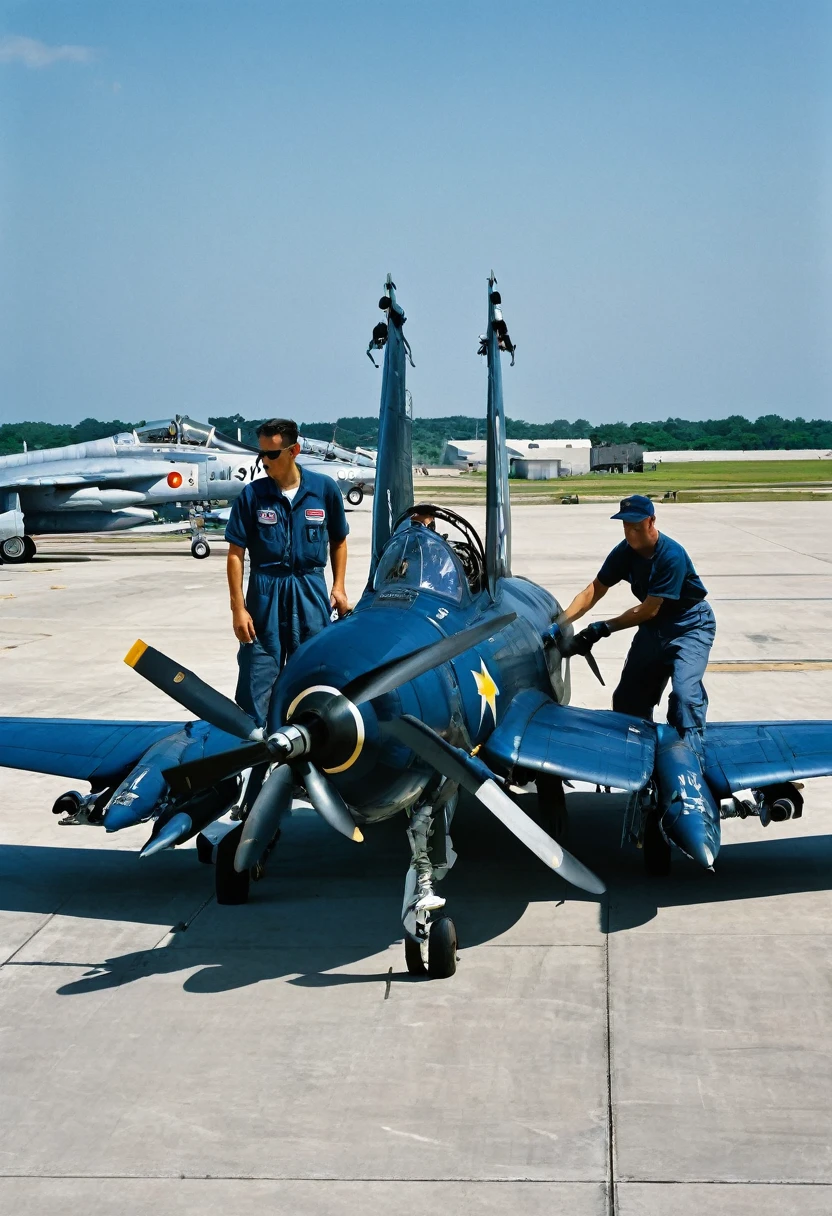 8K quality, ultra-high definition realism, F4-U Corsair fighter, during the Korean War, wings folded and undergoing maintenance on the runway, aircraft maintenance crew are dressed casually, there are two maintenance crew members, fully equipped with weapons under the wings, the weather is clear, the Corsair fighter is painted dark blue on the back and light blue on the underside, during a US Navy operation, the camera captures the fighter and maintenance crew from above.