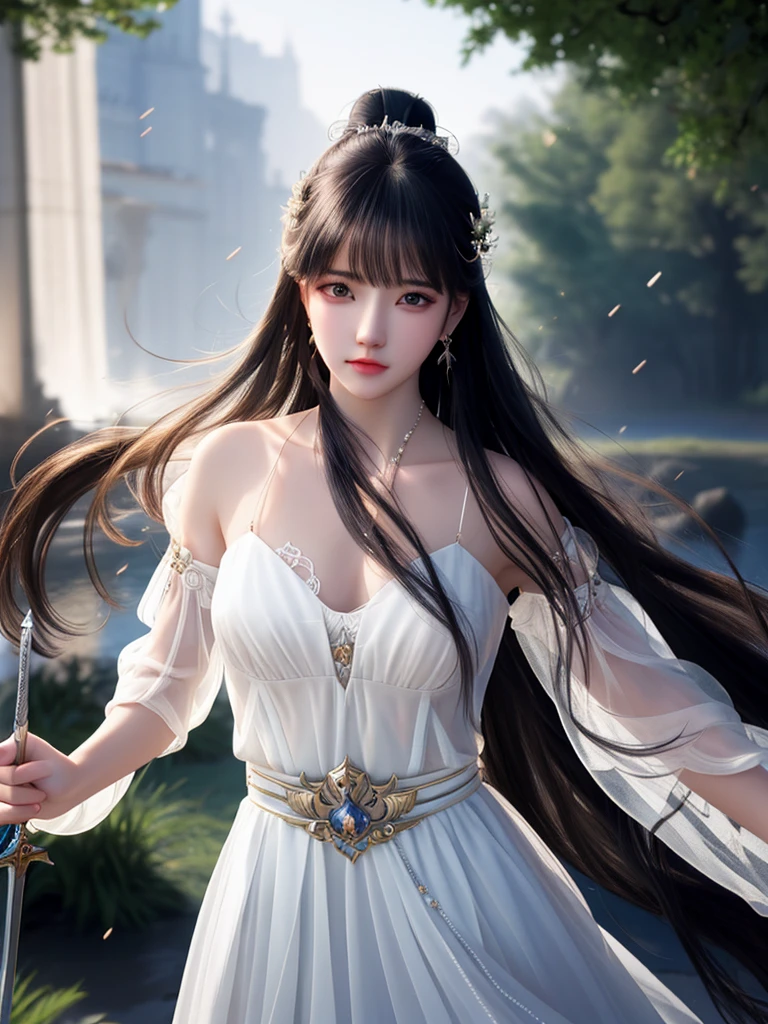 best quality,masterpiece,highres,cg,
1girl,weapon,sword,long hair,dress,water,solo,jewelry,white dress,earrings,hair ornament,splashing,upper body,hair bun,black hair,
lighting,candid,Photograph,high resolution,4k,8k,Bokeh,