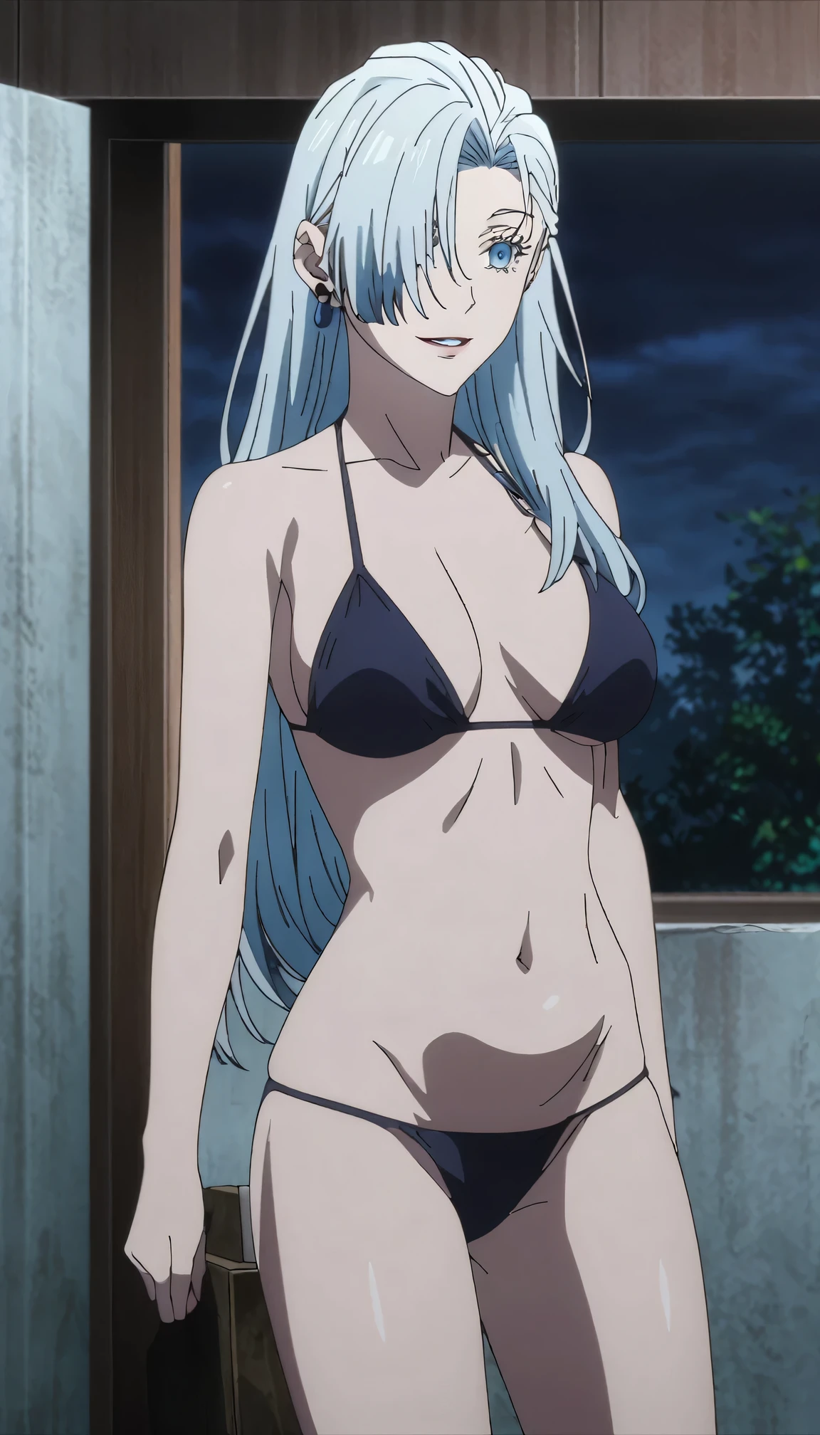 1girl, female gojo satoru, anime screencap from jujutsu kaisen, gojo satoru female version, solo, long_hair, ((Blue eyes,)) ((Silver_hair, hair over ear from one side))((slicked hair)) , night view, (hanging breasts) upper_body, smile, indoors, parted lips, (long hair) ((wearing mini blueishblack bikini )), (Belly Button ) ((Middlebreasts)) , glossy)) breast, "very detailed and high resolution" ((solo)) (((front view))) (earings) ((high resolution)) ((good quality)) ((silky hair, hair over ear from one side))((hair slicked)) ((parted lips)) ((full body))