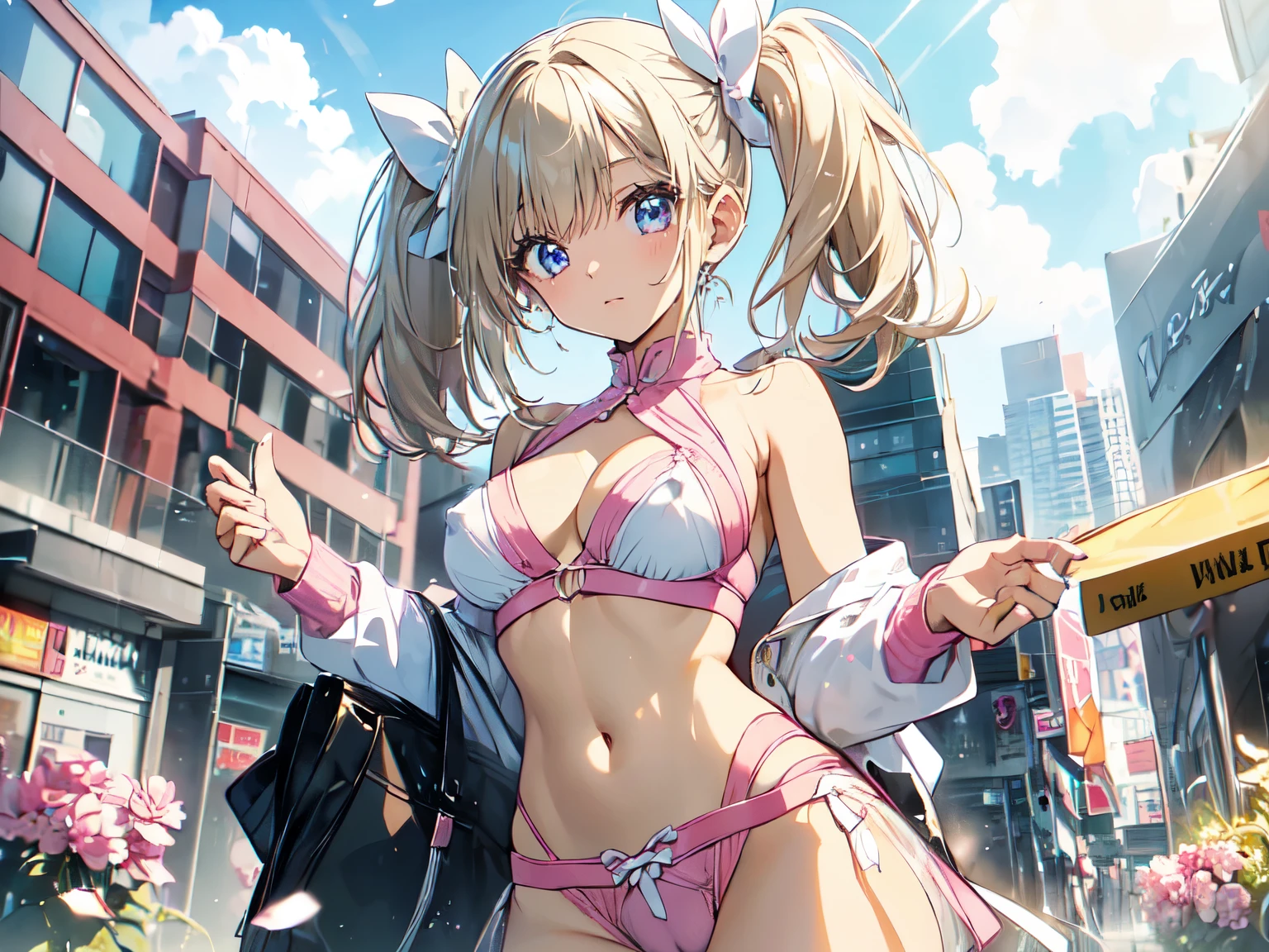 (busty girl), solo, (unexpected expression)(mouth open, (white jacket), (pink shirt)short width, (erotic lingerie)(crotch open)labia(erect clitoris), (covered nipples), narrow constricted waist, belly button, Small hips, bare hips, (partially exposed)vulva(labia), (blond hair)buns(twintails), white ribbon, large eyes, blue eyes, sunny metropolis