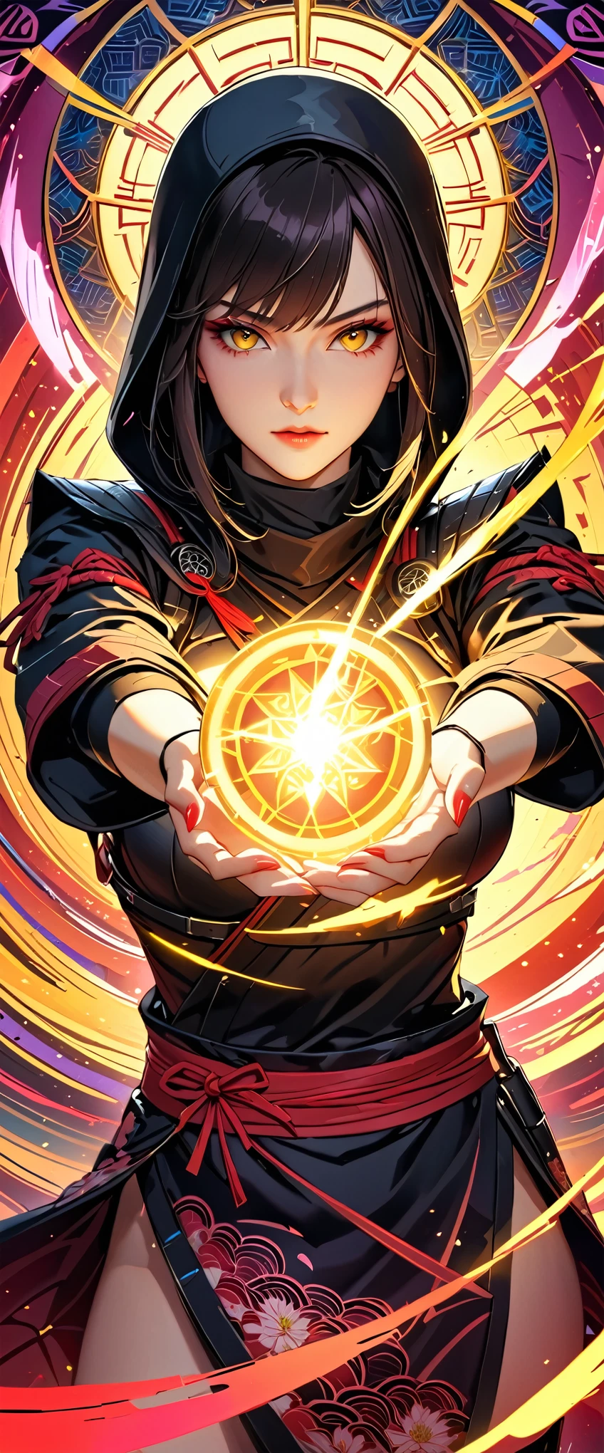 (masterpiece:1.2),(Highest quality),(Very detailed),(High resolution),8k,wallpaper,1 girl,Beautiful female hands,Fine hand,A female ninja is standing,look at me,Beautiful Eyes,Red glowing eyes,The female ninja uses secret genjutsu techniques.,(The background is a kaleidoscope-like, beautiful, geometric illusion world.),The female ninja creates a round, yellow, evil energy body in her palm in preparation for an attack.,(action shot),(Beautiful female hands:1.6),(Detailed Female Hands:1.6),(((Hand,detailed,perfect,perfection,hands))