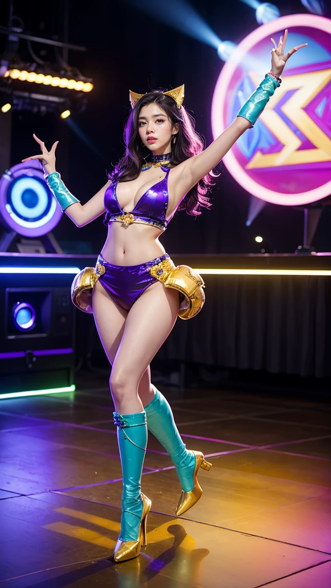 "Depict Samira in her Space Groove skin from League of Legends by Riot Games, no having clothes,dressed in a funky, retro-futuristic outfit with bright colors and groovy patterns, have massive k-cups, in a vibrant, disco-inspired spaceship with flashing lights and a dance floor."